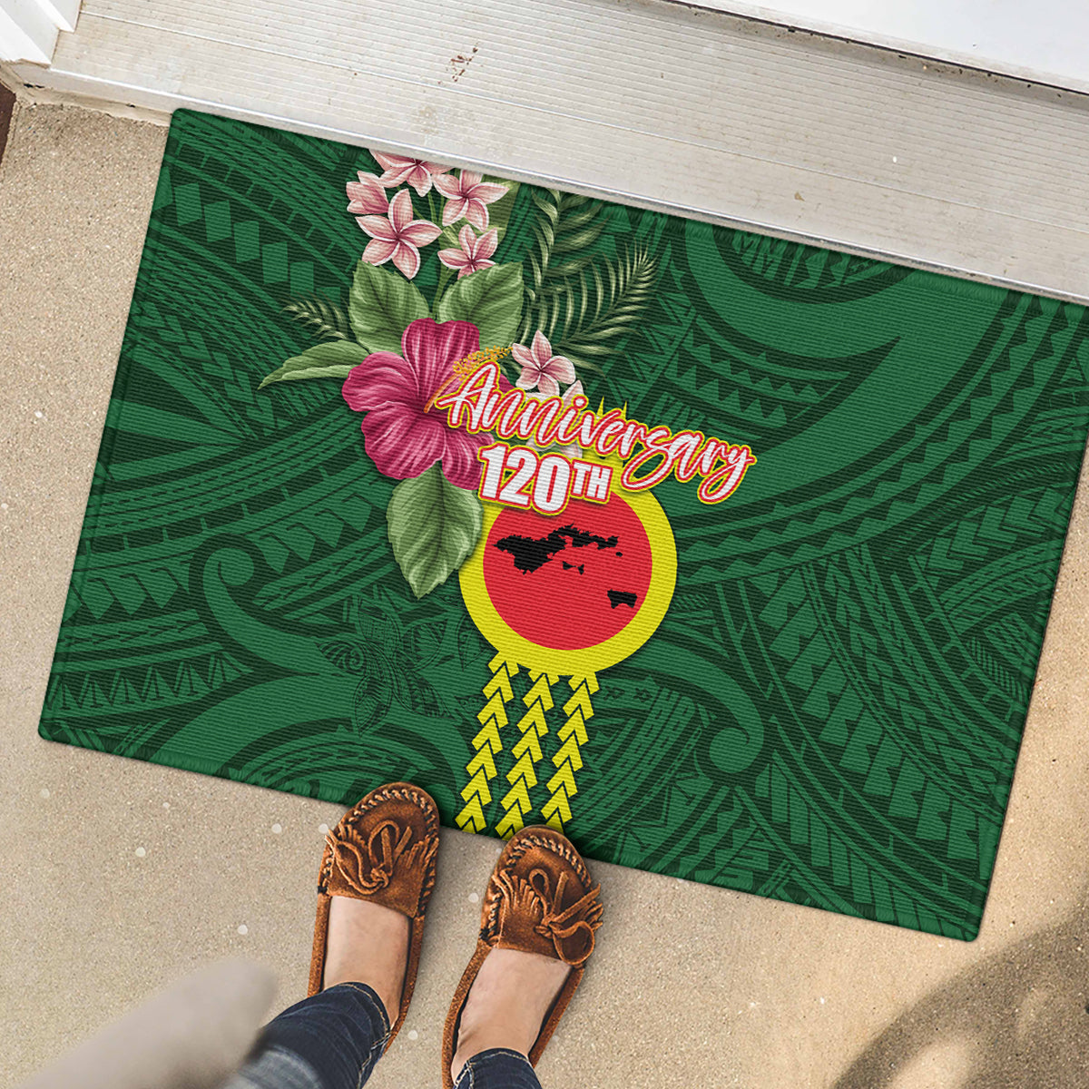 Manu'a Cession Day 120th Anniversary Rubber Doormat Polynesian Pattern and Hibiscus Flower