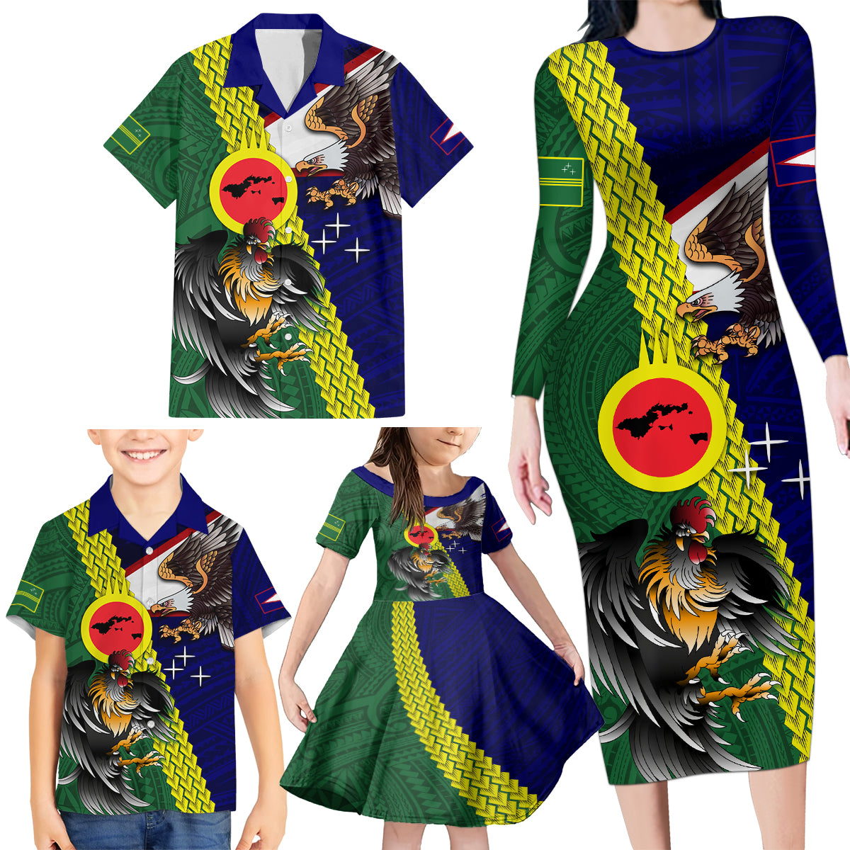 Manu'a Island and American Samoa Family Matching Long Sleeve Bodycon Dress and Hawaiian Shirt Rooster and Eagle Mascot LT03 - Polynesian Pride