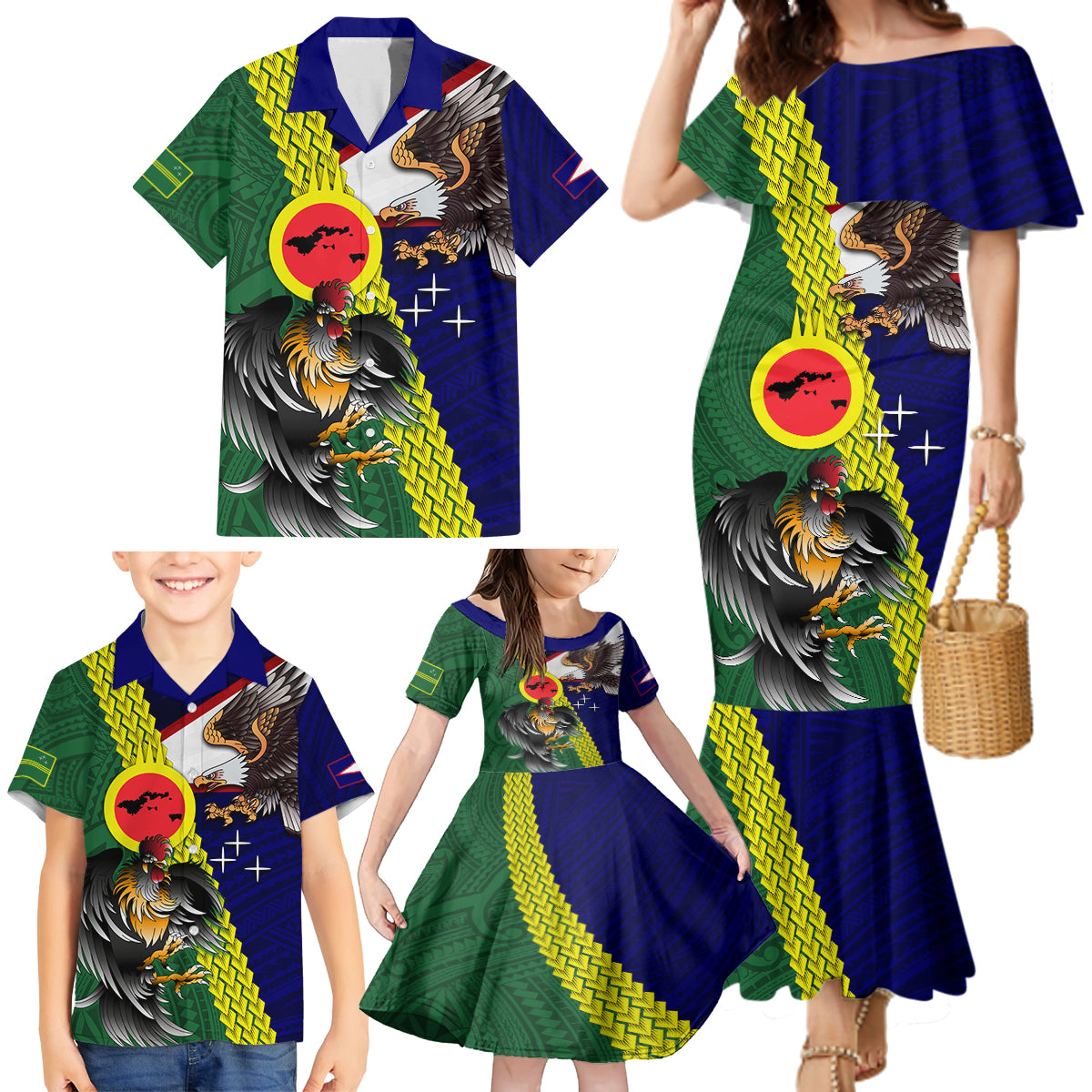 Manu'a Island and American Samoa Family Matching Mermaid Dress and Hawaiian Shirt Rooster and Eagle Mascot LT03 - Polynesian Pride