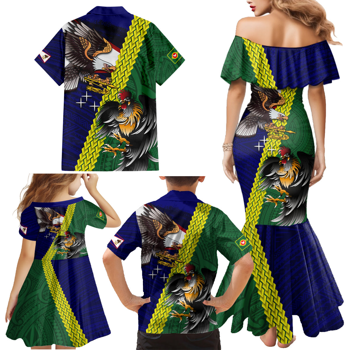 Manu'a Island and American Samoa Family Matching Mermaid Dress and Hawaiian Shirt Rooster and Eagle Mascot LT03 - Polynesian Pride