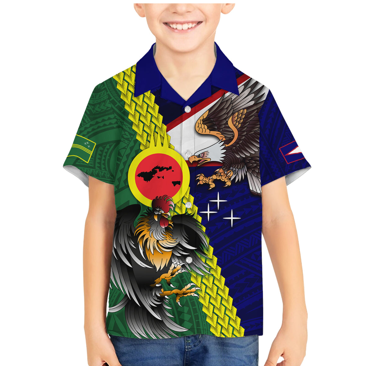 Manu'a Island and American Samoa Family Matching Mermaid Dress and Hawaiian Shirt Rooster and Eagle Mascot LT03 Son's Shirt Green - Polynesian Pride