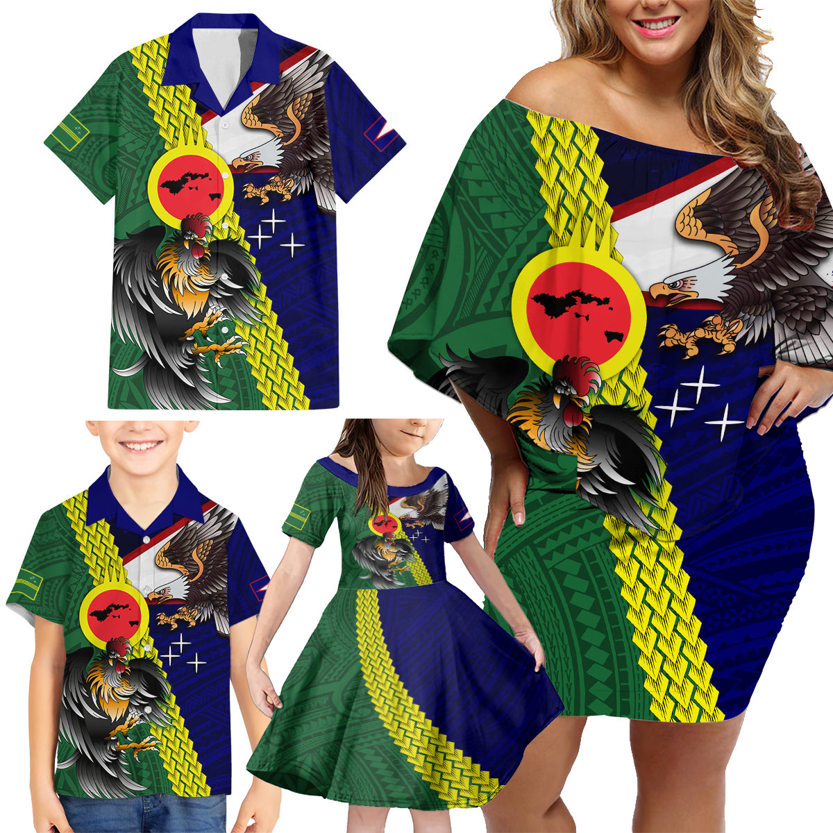 Manu'a Island and American Samoa Family Matching Off Shoulder Short Dress and Hawaiian Shirt Rooster and Eagle Mascot LT03 - Polynesian Pride