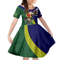 Manu'a Island and American Samoa Family Matching Short Sleeve Bodycon Dress and Hawaiian Shirt Rooster and Eagle Mascot LT03 Daughter's Dress Green - Polynesian Pride