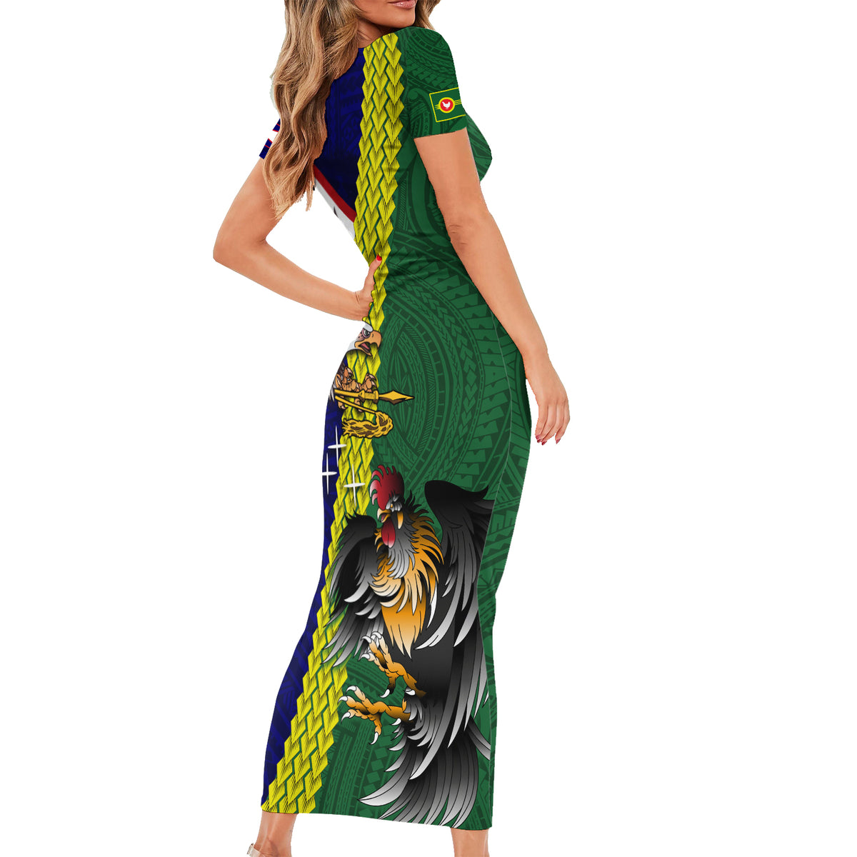Manu'a Island and American Samoa Family Matching Short Sleeve Bodycon Dress and Hawaiian Shirt Rooster and Eagle Mascot LT03 - Polynesian Pride