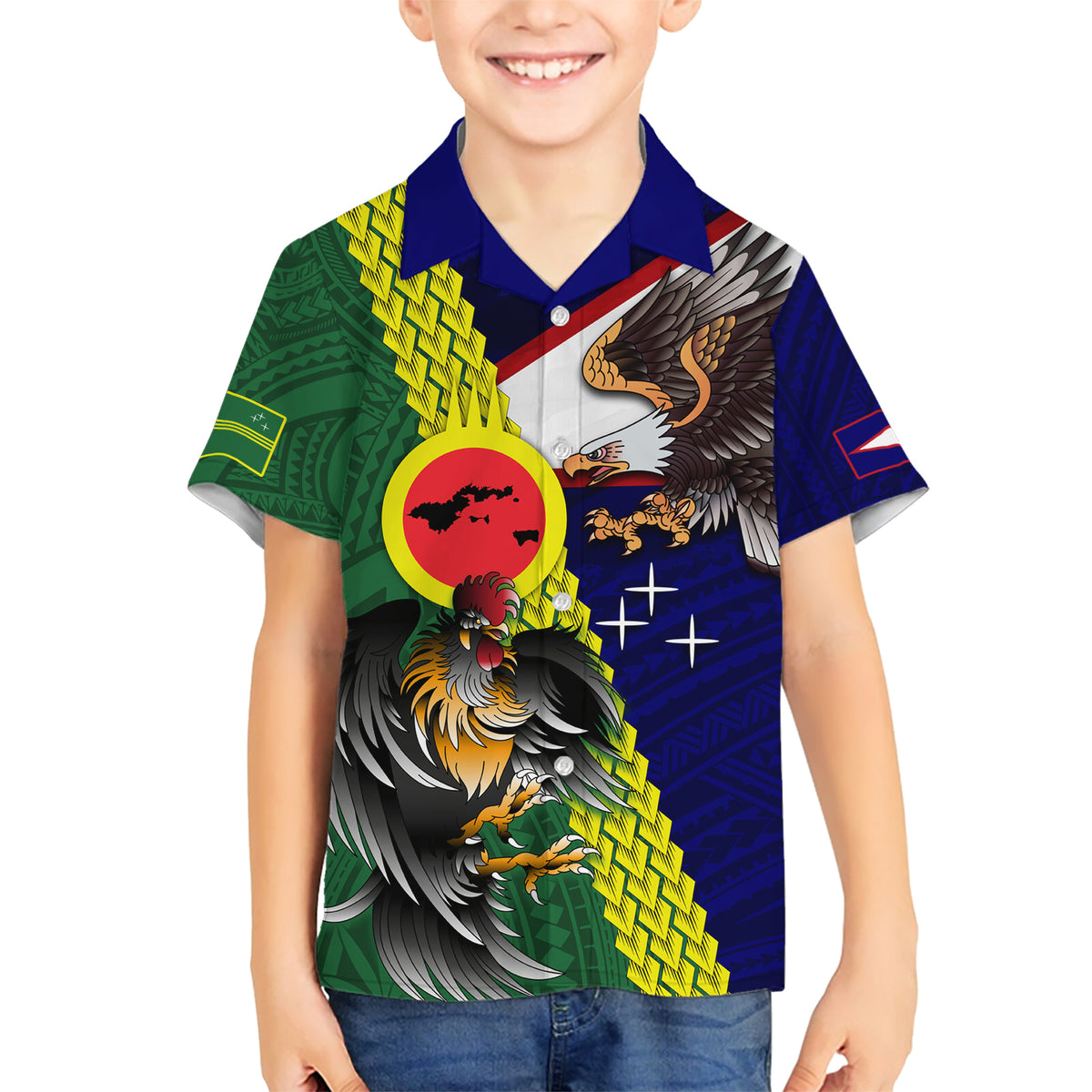 Manu'a Island and American Samoa Family Matching Short Sleeve Bodycon Dress and Hawaiian Shirt Rooster and Eagle Mascot LT03 Son's Shirt Green - Polynesian Pride
