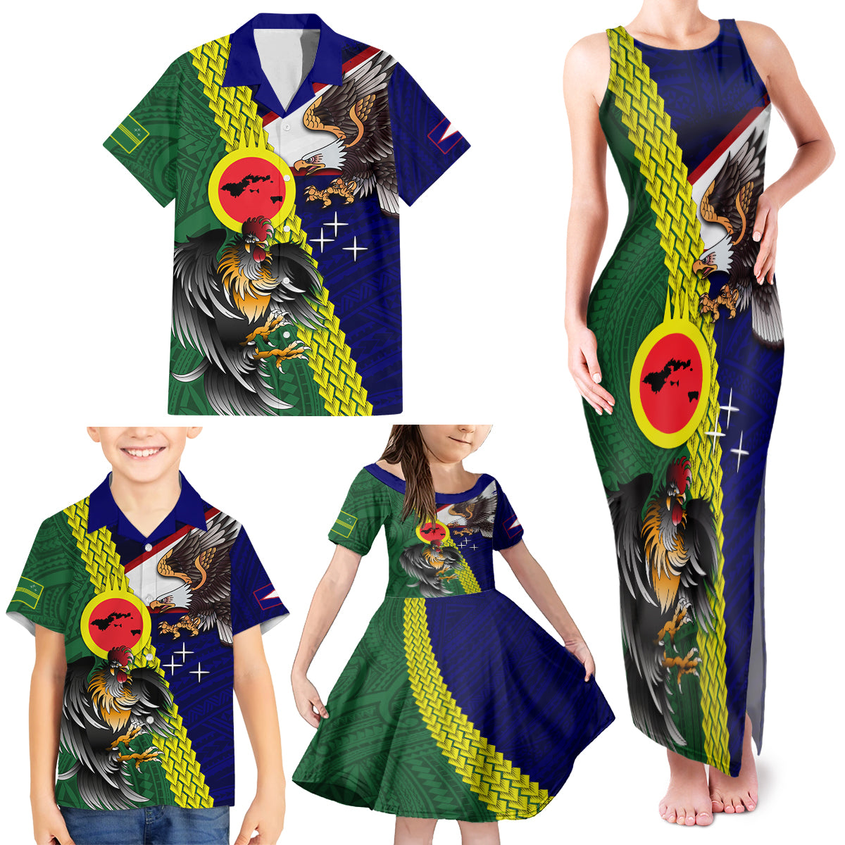 Manu'a Island and American Samoa Family Matching Tank Maxi Dress and Hawaiian Shirt Rooster and Eagle Mascot LT03 - Polynesian Pride