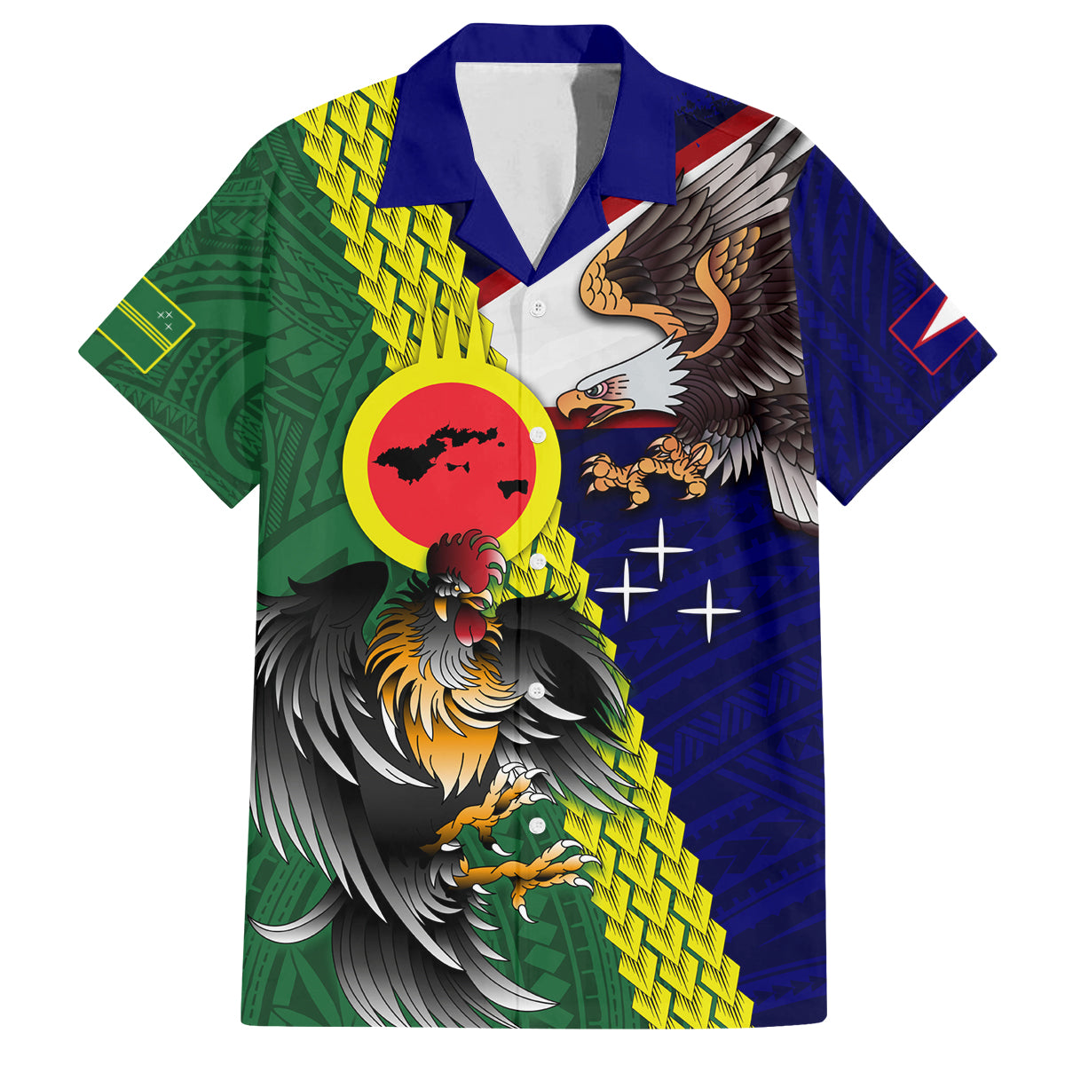 Manu'a Island and American Samoa Family Matching Tank Maxi Dress and Hawaiian Shirt Rooster and Eagle Mascot LT03 Dad's Shirt - Short Sleeve Green - Polynesian Pride