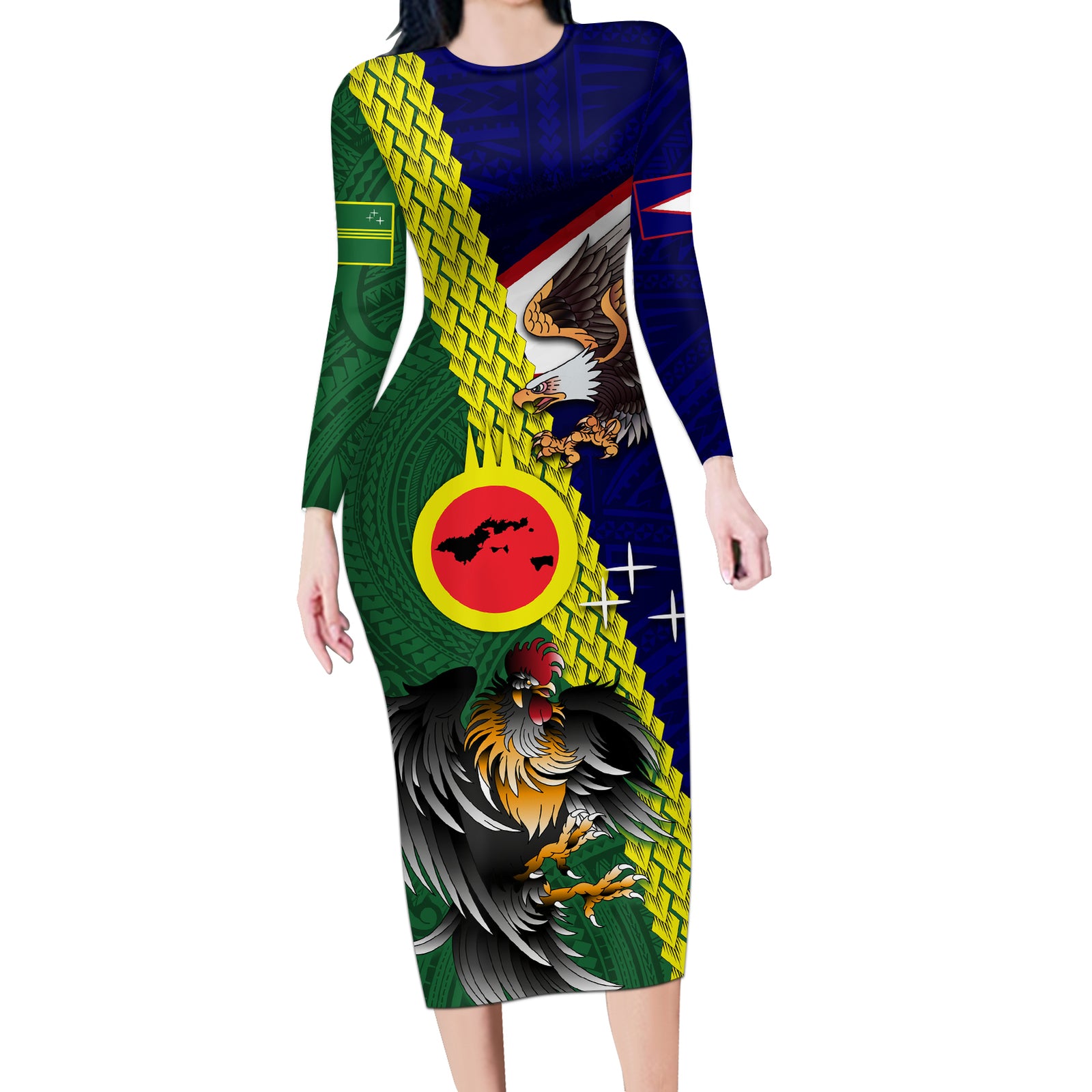 Manu'a Island and American Samoa Long Sleeve Bodycon Dress Rooster and Eagle Mascot