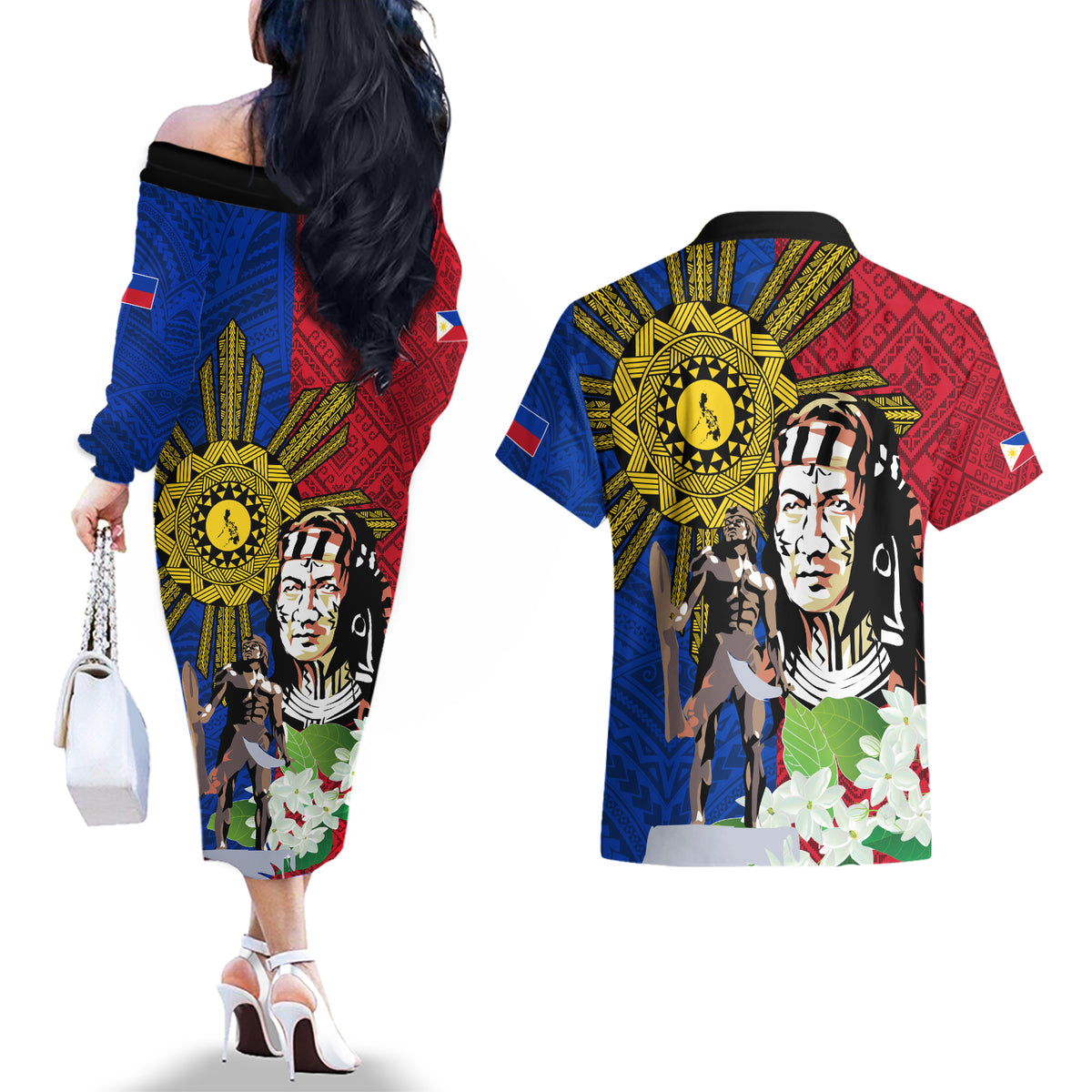 Philippines Lapu-Lapu Couples Matching Off The Shoulder Long Sleeve Dress and Hawaiian Shirt Filipino Sun Tattoo With Yakan Pattern
