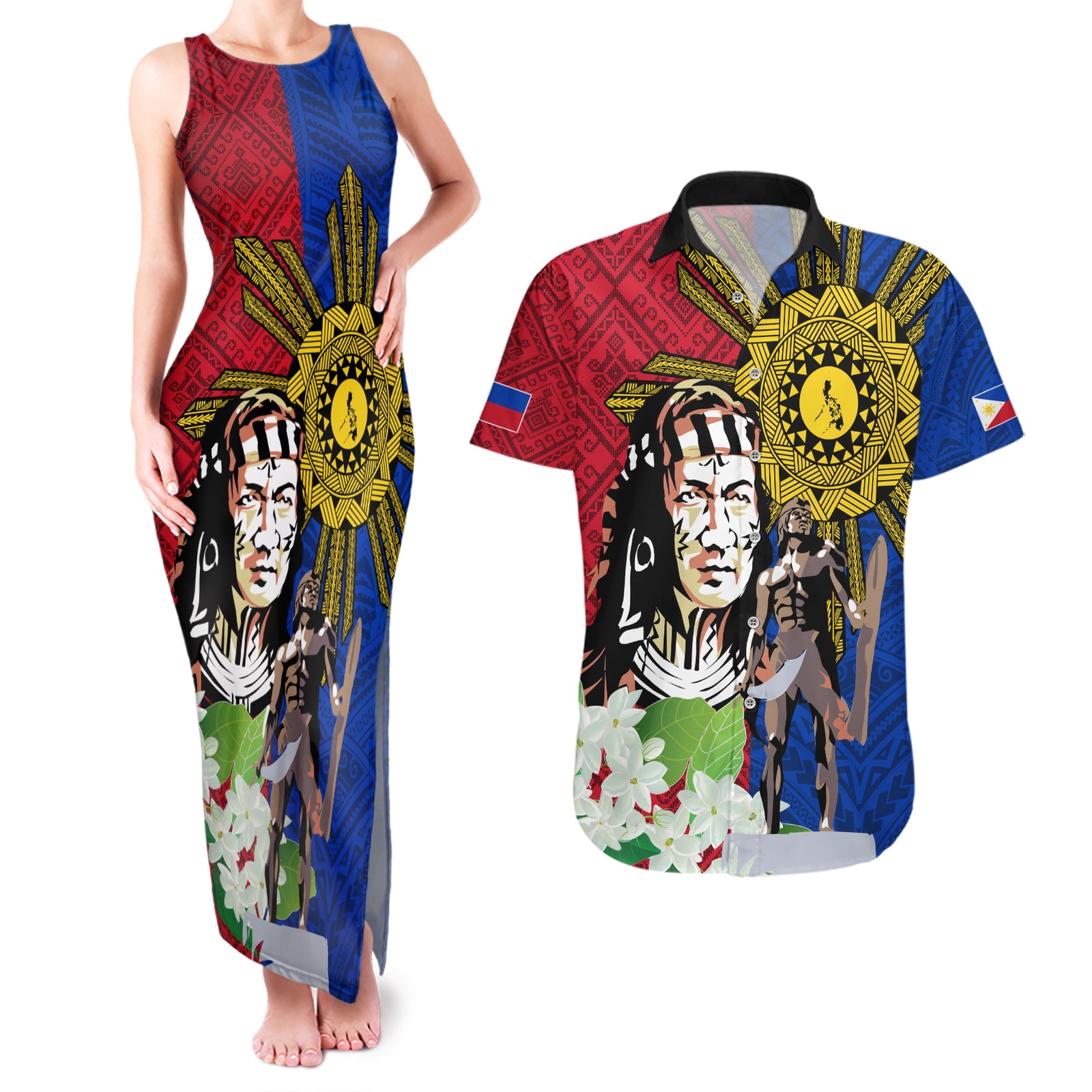 Philippines Lapu-Lapu Couples Matching Tank Maxi Dress and Hawaiian Shirt Filipino Sun Tattoo With Yakan Pattern