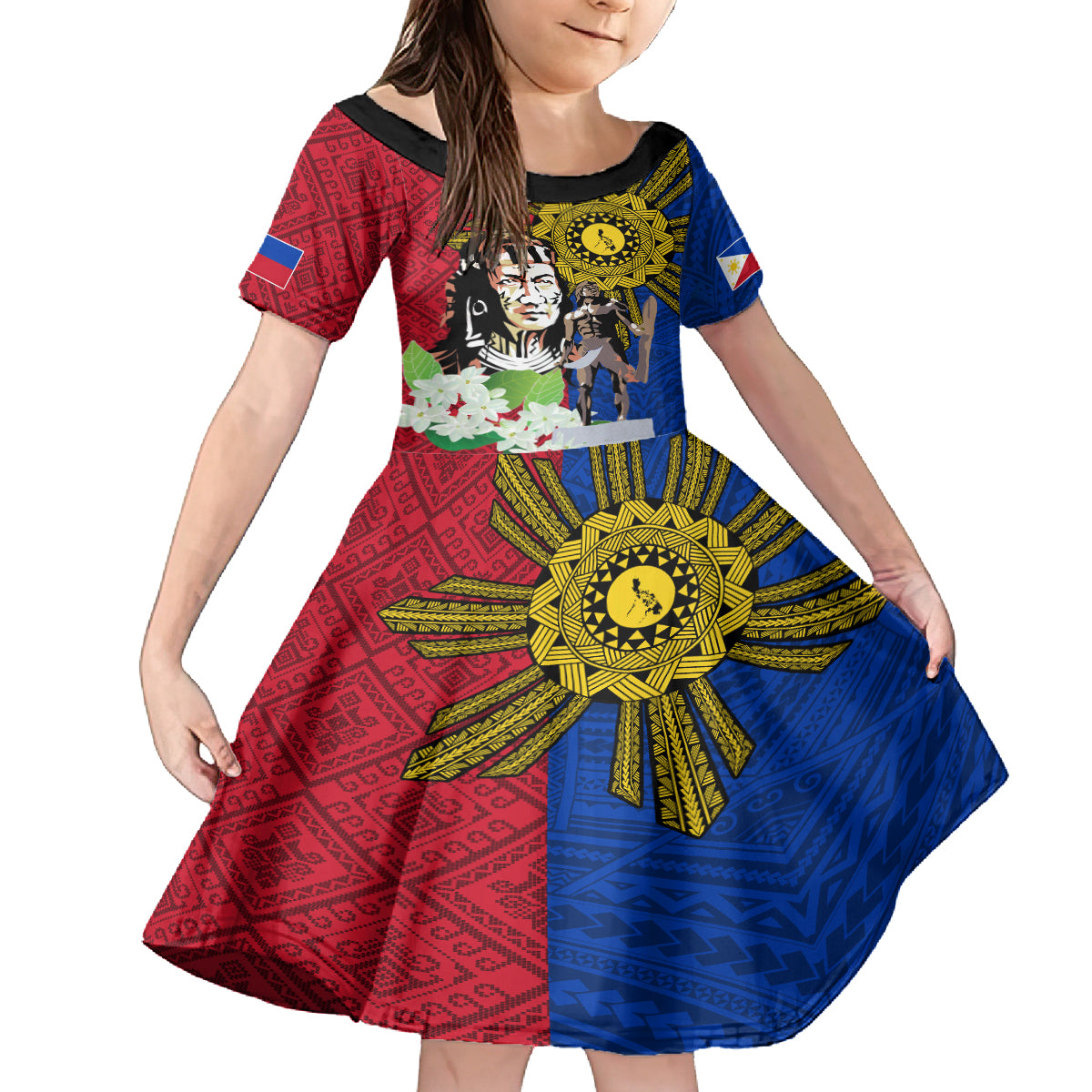 Philippines Lapu-Lapu Family Matching Long Sleeve Bodycon Dress and Hawaiian Shirt Filipino Sun Tattoo With Yakan Pattern LT03 Daughter's Dress Red - Polynesian Pride