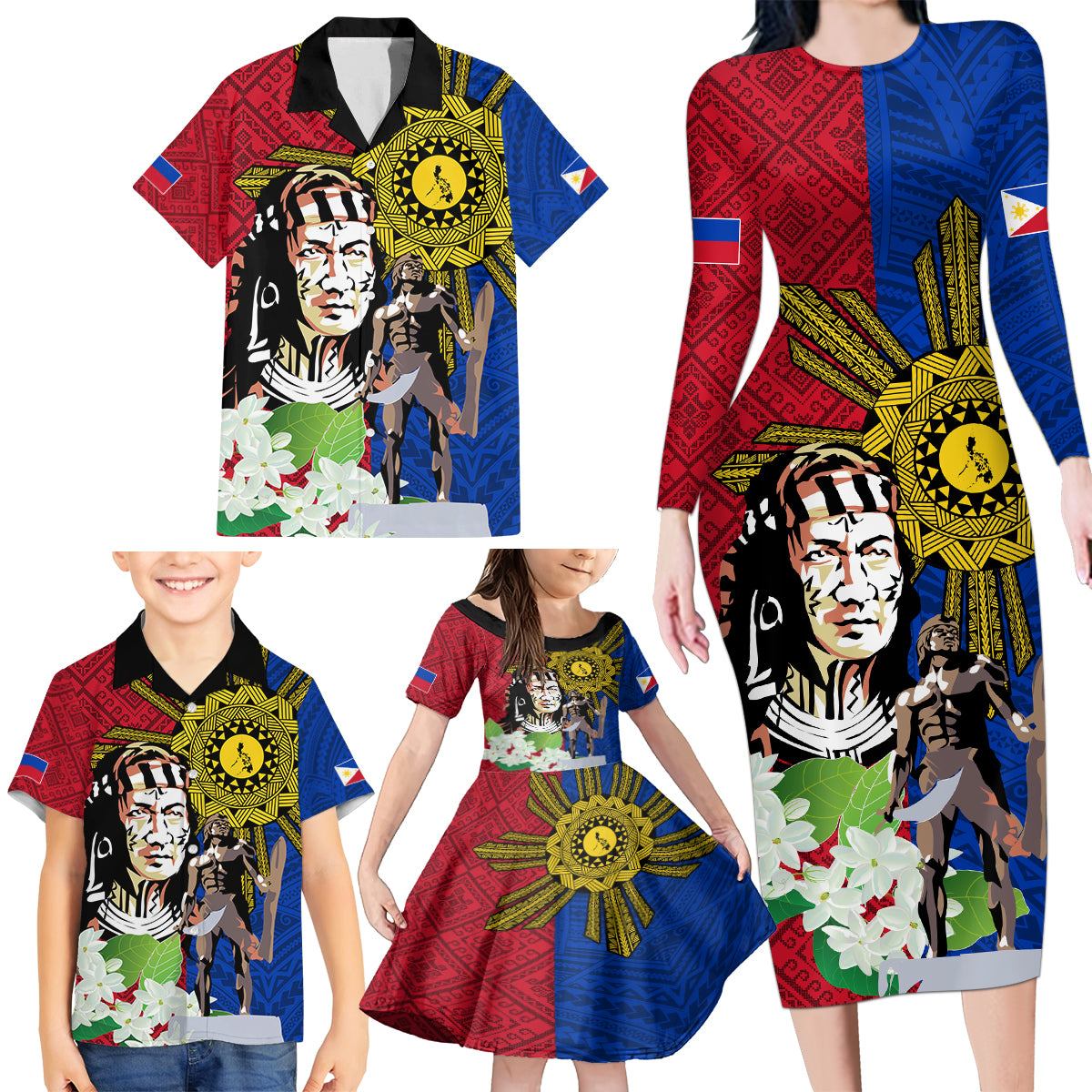 Philippines Lapu-Lapu Family Matching Long Sleeve Bodycon Dress and Hawaiian Shirt Filipino Sun Tattoo With Yakan Pattern LT03 - Polynesian Pride
