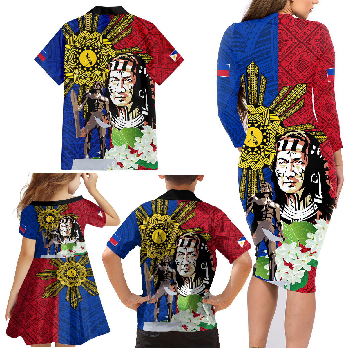 Philippines Lapu-Lapu Family Matching Long Sleeve Bodycon Dress and Hawaiian Shirt Filipino Sun Tattoo With Yakan Pattern LT03 - Polynesian Pride