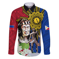 Philippines Lapu-Lapu Family Matching Long Sleeve Bodycon Dress and Hawaiian Shirt Filipino Sun Tattoo With Yakan Pattern LT03 Dad's Shirt - Long Sleeve Red - Polynesian Pride