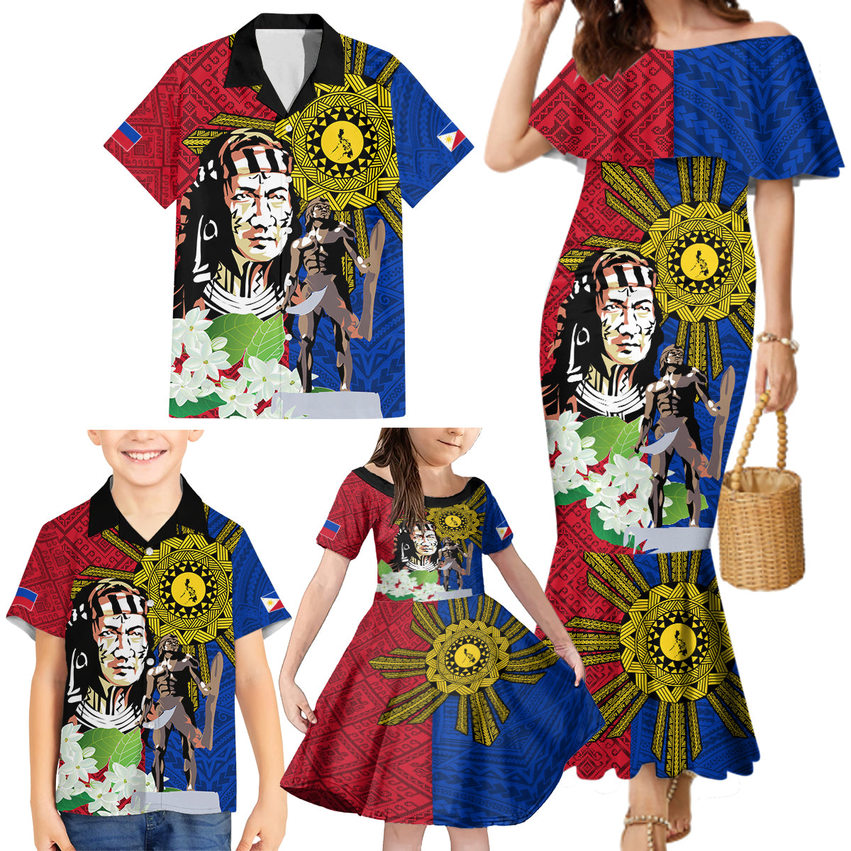 Philippines Lapu-Lapu Family Matching Mermaid Dress and Hawaiian Shirt Filipino Sun Tattoo With Yakan Pattern LT03 - Polynesian Pride