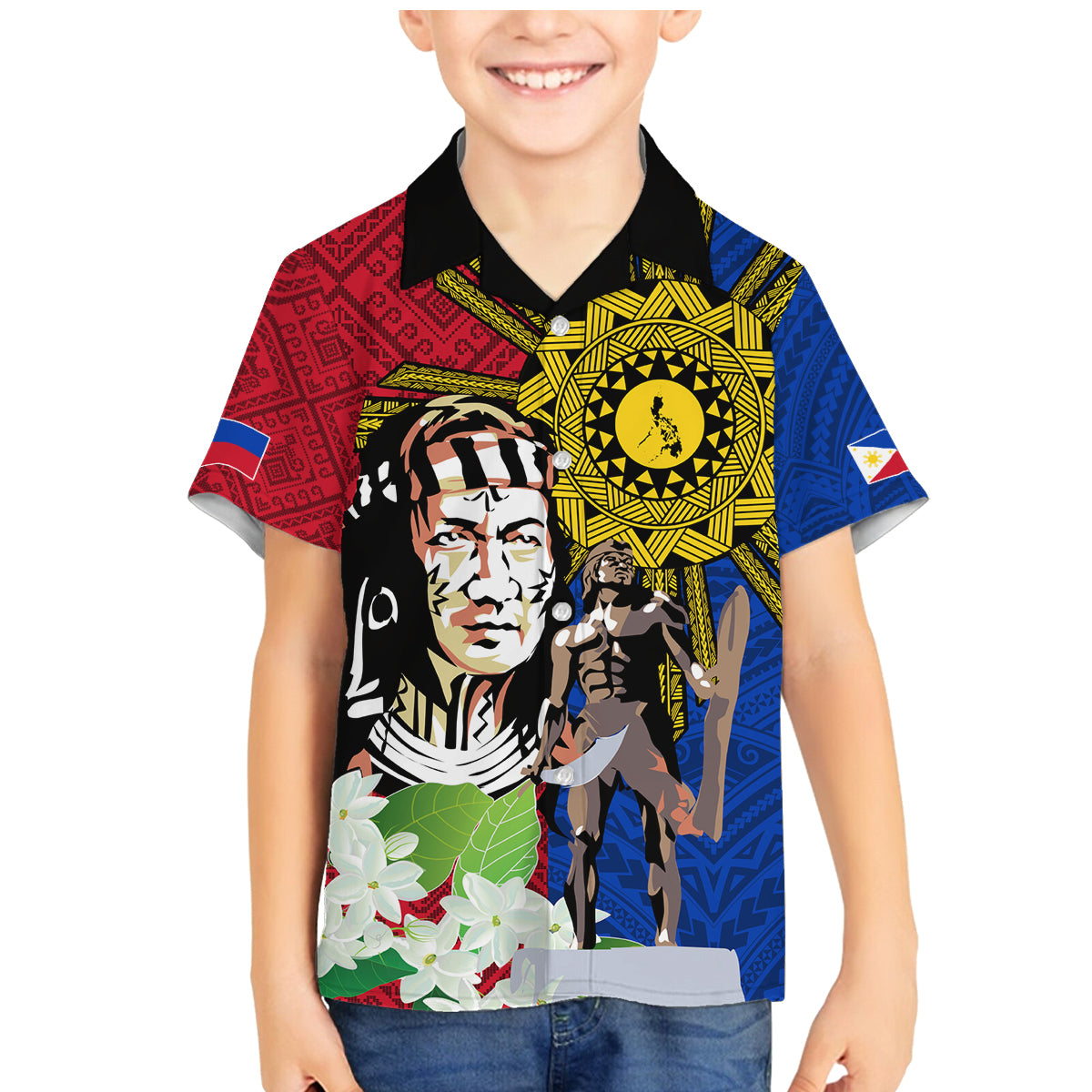 Philippines Lapu-Lapu Family Matching Mermaid Dress and Hawaiian Shirt Filipino Sun Tattoo With Yakan Pattern LT03 Son's Shirt Red - Polynesian Pride