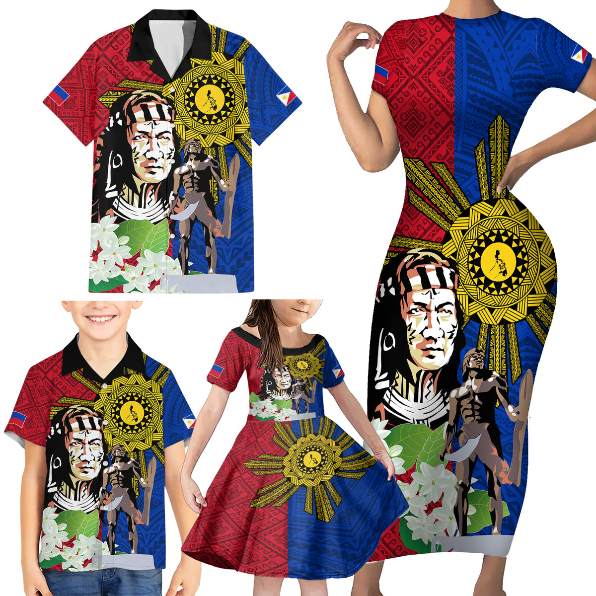Philippines Lapu-Lapu Family Matching Short Sleeve Bodycon Dress and Hawaiian Shirt Filipino Sun Tattoo With Yakan Pattern LT03 - Polynesian Pride