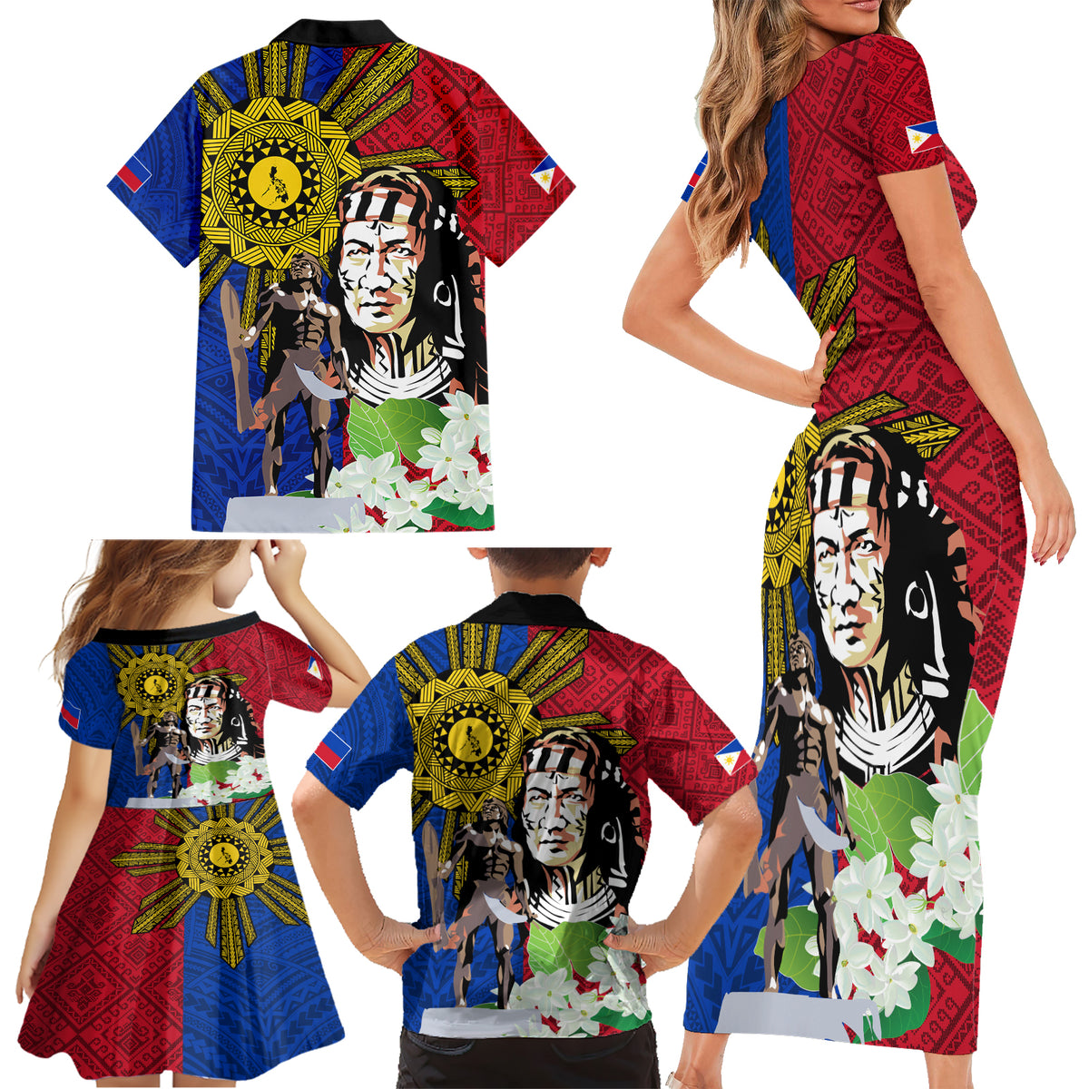 Philippines Lapu-Lapu Family Matching Short Sleeve Bodycon Dress and Hawaiian Shirt Filipino Sun Tattoo With Yakan Pattern LT03 - Polynesian Pride