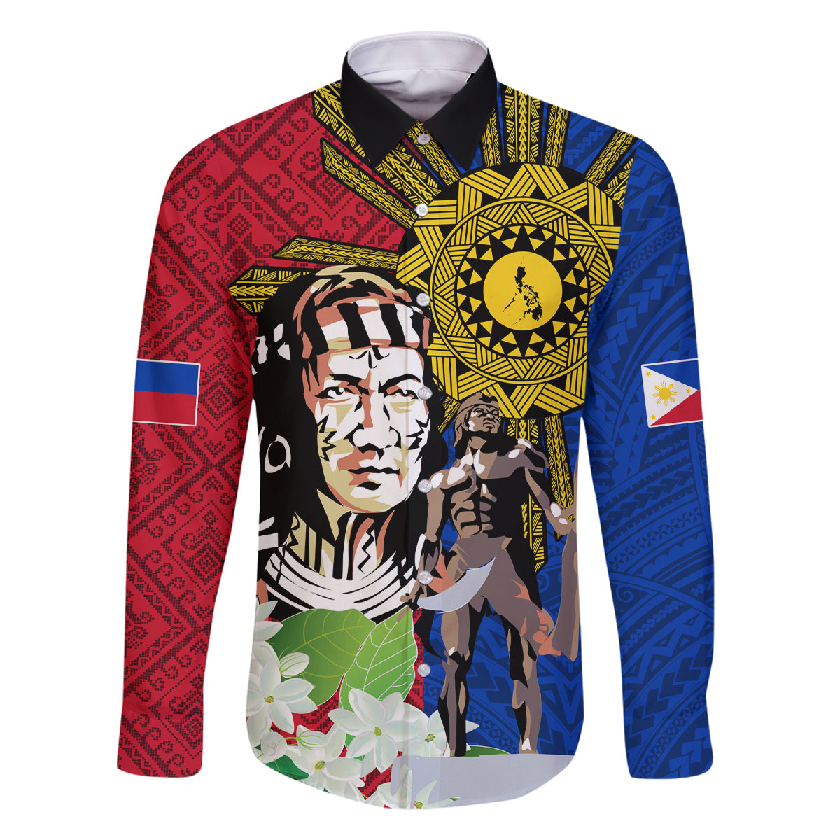 Philippines Lapu-Lapu Family Matching Tank Maxi Dress and Hawaiian Shirt Filipino Sun Tattoo With Yakan Pattern LT03 Dad's Shirt - Long Sleeve Red - Polynesian Pride