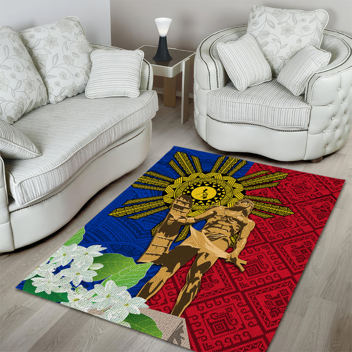 Philippines Lapu Lapu King Jasmine Flowers Area Rug Filipino Sun Tattoo