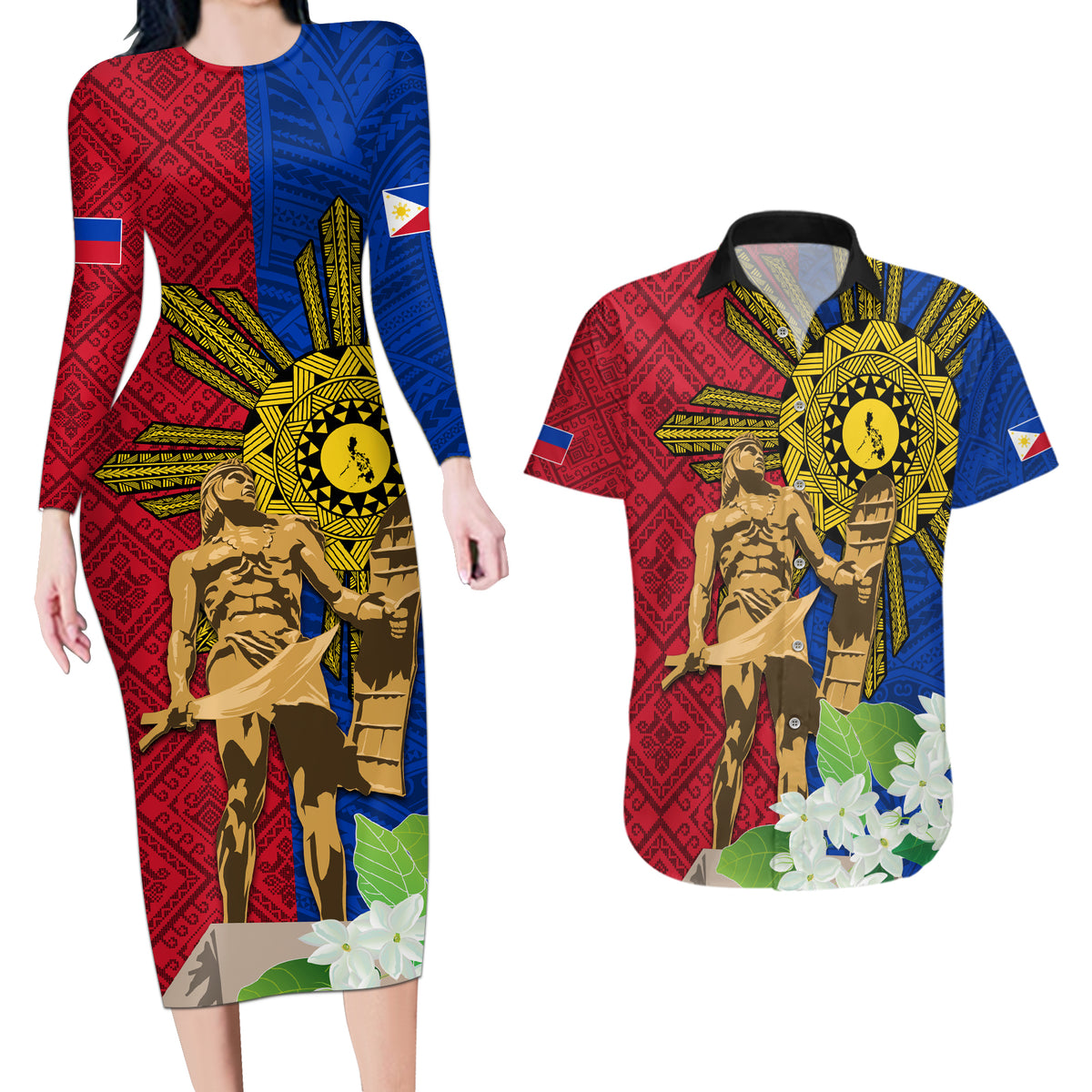Philippines Lapu Lapu King Jasmine Flowers Couples Matching Long Sleeve Bodycon Dress and Hawaiian Shirt Filipino Sun Tattoo LT03 Red - Polynesian Pride