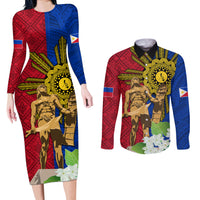 Philippines Lapu Lapu King Jasmine Flowers Couples Matching Long Sleeve Bodycon Dress and Long Sleeve Button Shirt Filipino Sun Tattoo LT03 Red - Polynesian Pride