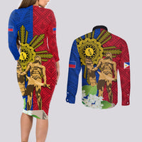 Philippines Lapu Lapu King Jasmine Flowers Couples Matching Long Sleeve Bodycon Dress and Long Sleeve Button Shirt Filipino Sun Tattoo LT03 - Polynesian Pride