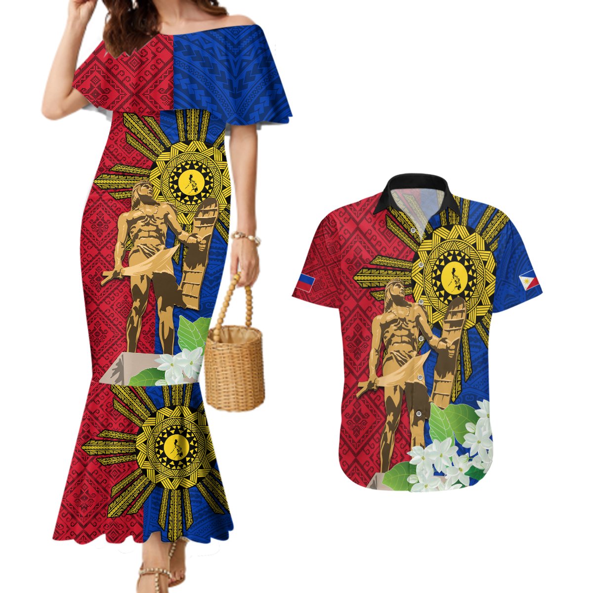 Philippines Lapu Lapu King Jasmine Flowers Couples Matching Mermaid Dress and Hawaiian Shirt Filipino Sun Tattoo LT03 Red - Polynesian Pride