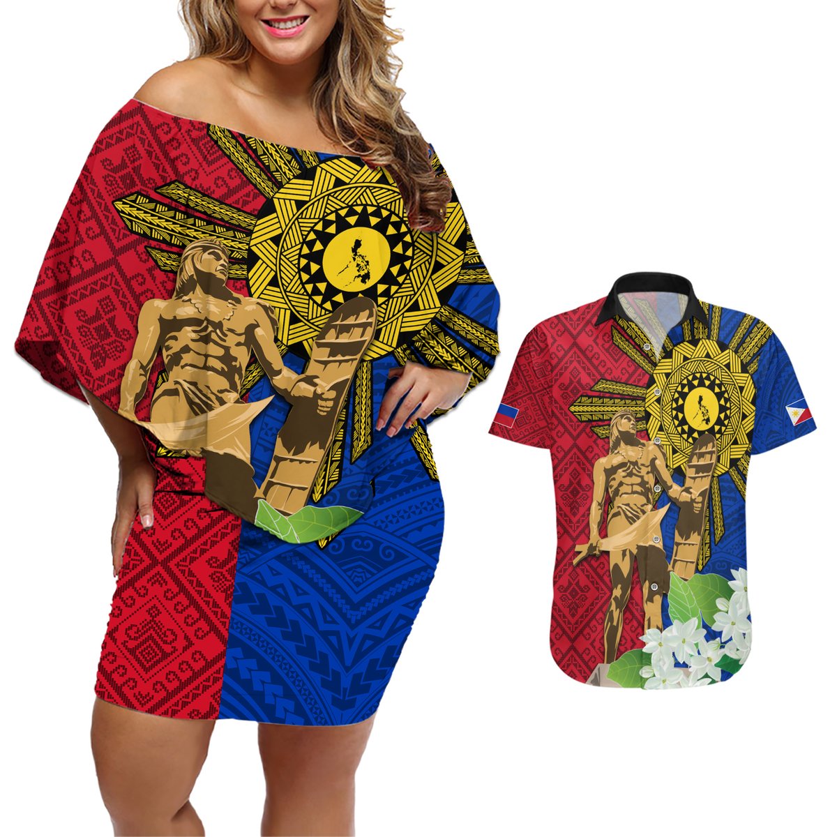 Philippines Lapu Lapu King Jasmine Flowers Couples Matching Off Shoulder Short Dress and Hawaiian Shirt Filipino Sun Tattoo LT03 Red - Polynesian Pride
