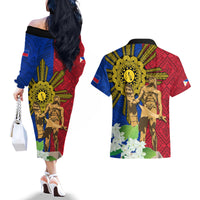 Philippines Lapu Lapu King Jasmine Flowers Couples Matching Off The Shoulder Long Sleeve Dress and Hawaiian Shirt Filipino Sun Tattoo LT03 - Polynesian Pride