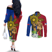 Philippines Lapu Lapu King Jasmine Flowers Couples Matching Off The Shoulder Long Sleeve Dress and Long Sleeve Button Shirt Filipino Sun Tattoo LT03 - Polynesian Pride