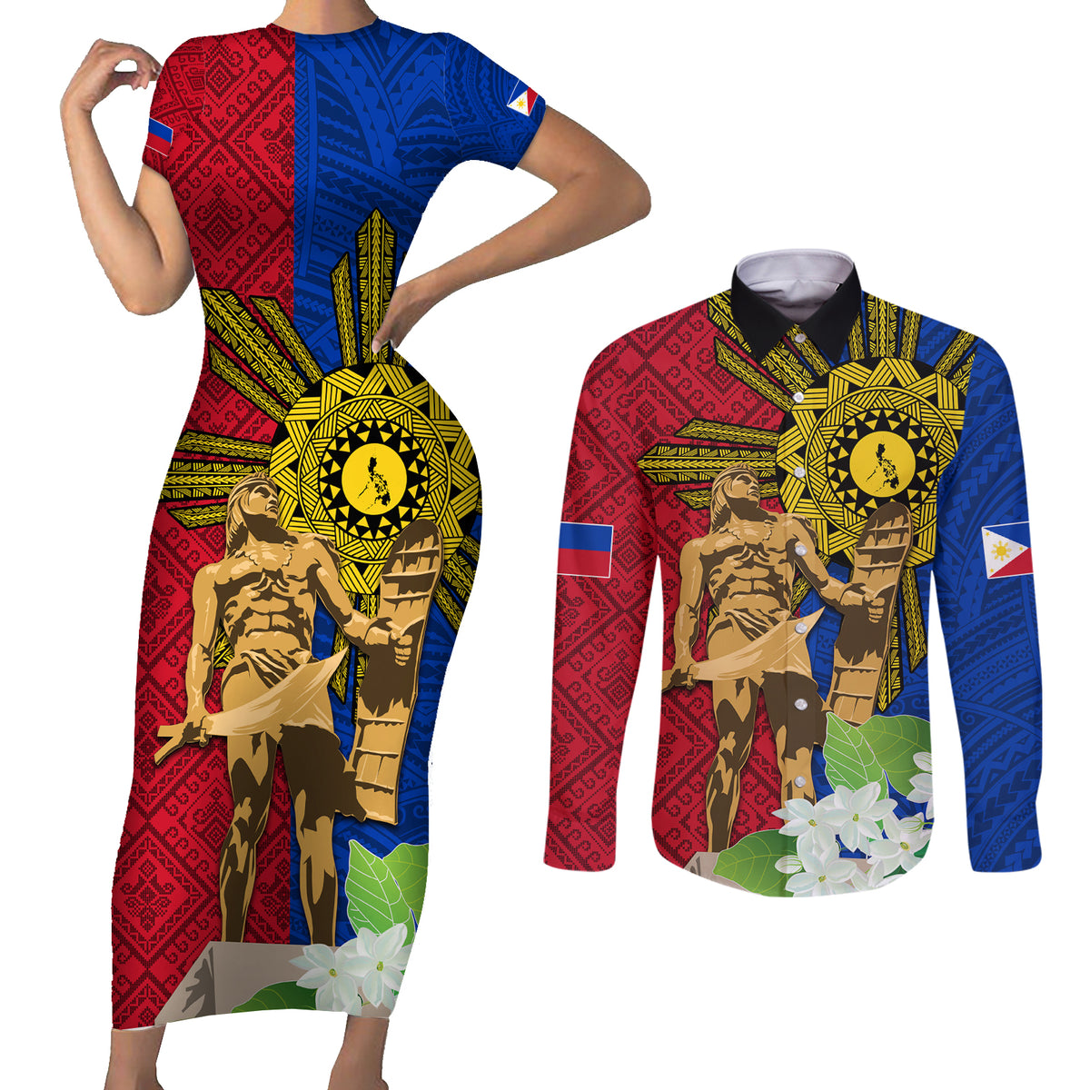 Philippines Lapu Lapu King Jasmine Flowers Couples Matching Short Sleeve Bodycon Dress and Long Sleeve Button Shirt Filipino Sun Tattoo LT03 Red - Polynesian Pride