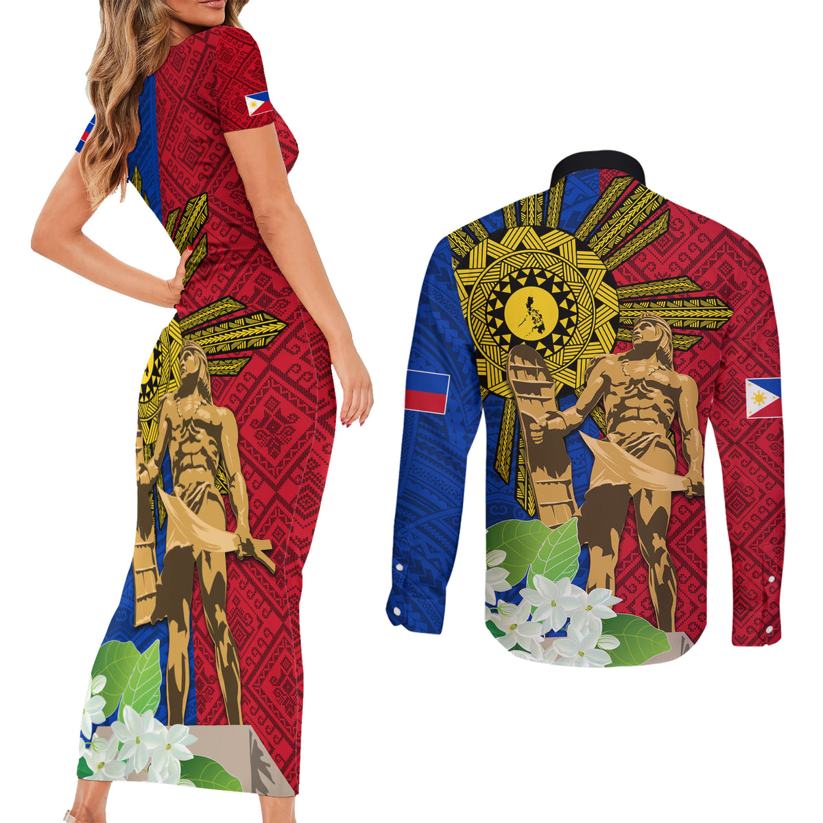 Philippines Lapu Lapu King Jasmine Flowers Couples Matching Short Sleeve Bodycon Dress and Long Sleeve Button Shirt Filipino Sun Tattoo LT03 - Polynesian Pride
