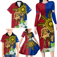 Philippines Lapu Lapu King Jasmine Flowers Family Matching Long Sleeve Bodycon Dress and Hawaiian Shirt Filipino Sun Tattoo LT03 - Polynesian Pride