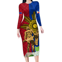 Philippines Lapu Lapu King Jasmine Flowers Family Matching Long Sleeve Bodycon Dress and Hawaiian Shirt Filipino Sun Tattoo LT03 Mom's Dress Red - Polynesian Pride