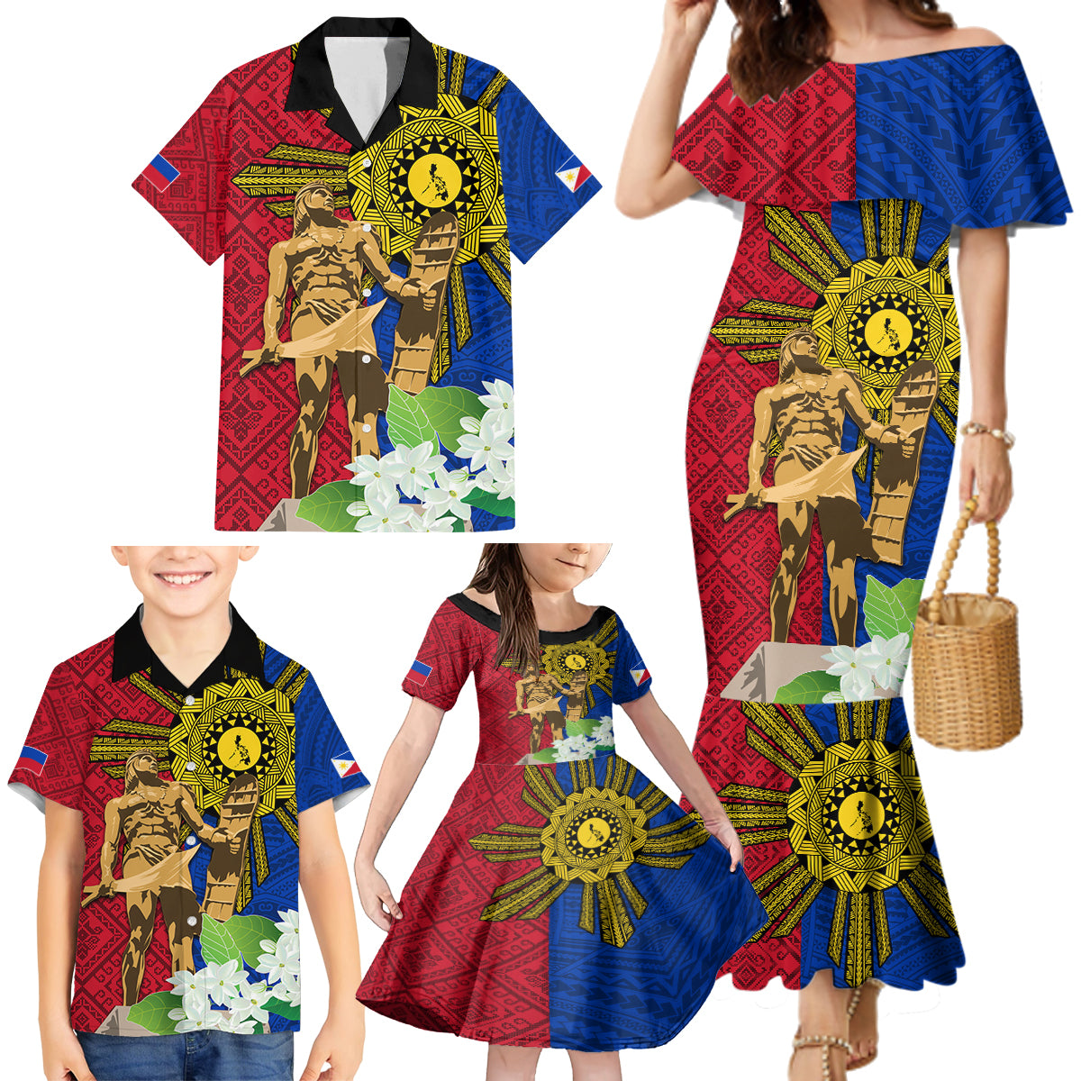 Philippines Lapu Lapu King Jasmine Flowers Family Matching Mermaid Dress and Hawaiian Shirt Filipino Sun Tattoo LT03 - Polynesian Pride