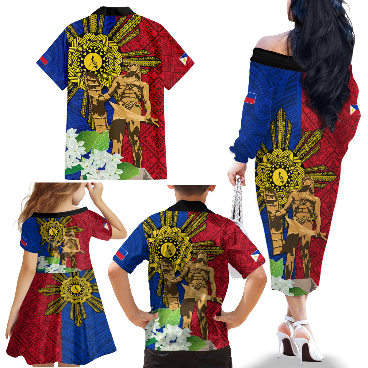 Philippines Lapu Lapu King Jasmine Flowers Family Matching Off The Shoulder Long Sleeve Dress and Hawaiian Shirt Filipino Sun Tattoo LT03 - Polynesian Pride