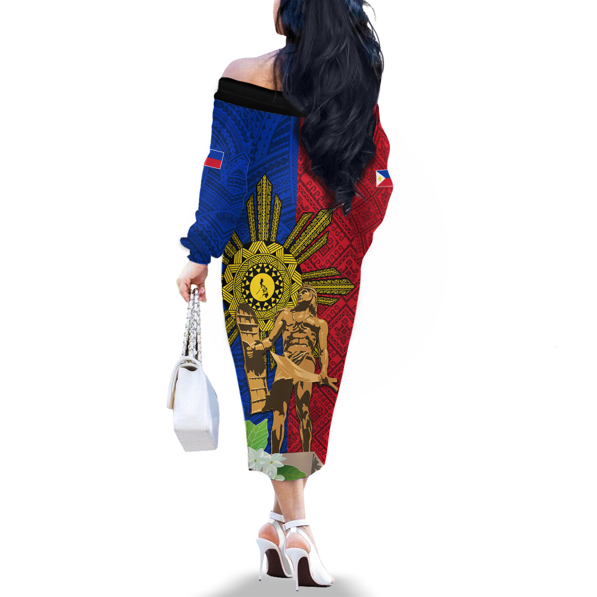 Philippines Lapu Lapu King Jasmine Flowers Family Matching Off The Shoulder Long Sleeve Dress and Hawaiian Shirt Filipino Sun Tattoo LT03 - Polynesian Pride