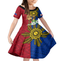 Philippines Lapu Lapu King Jasmine Flowers Family Matching Off Shoulder Maxi Dress and Hawaiian Shirt Filipino Sun Tattoo LT03 Daughter's Dress Red - Polynesian Pride