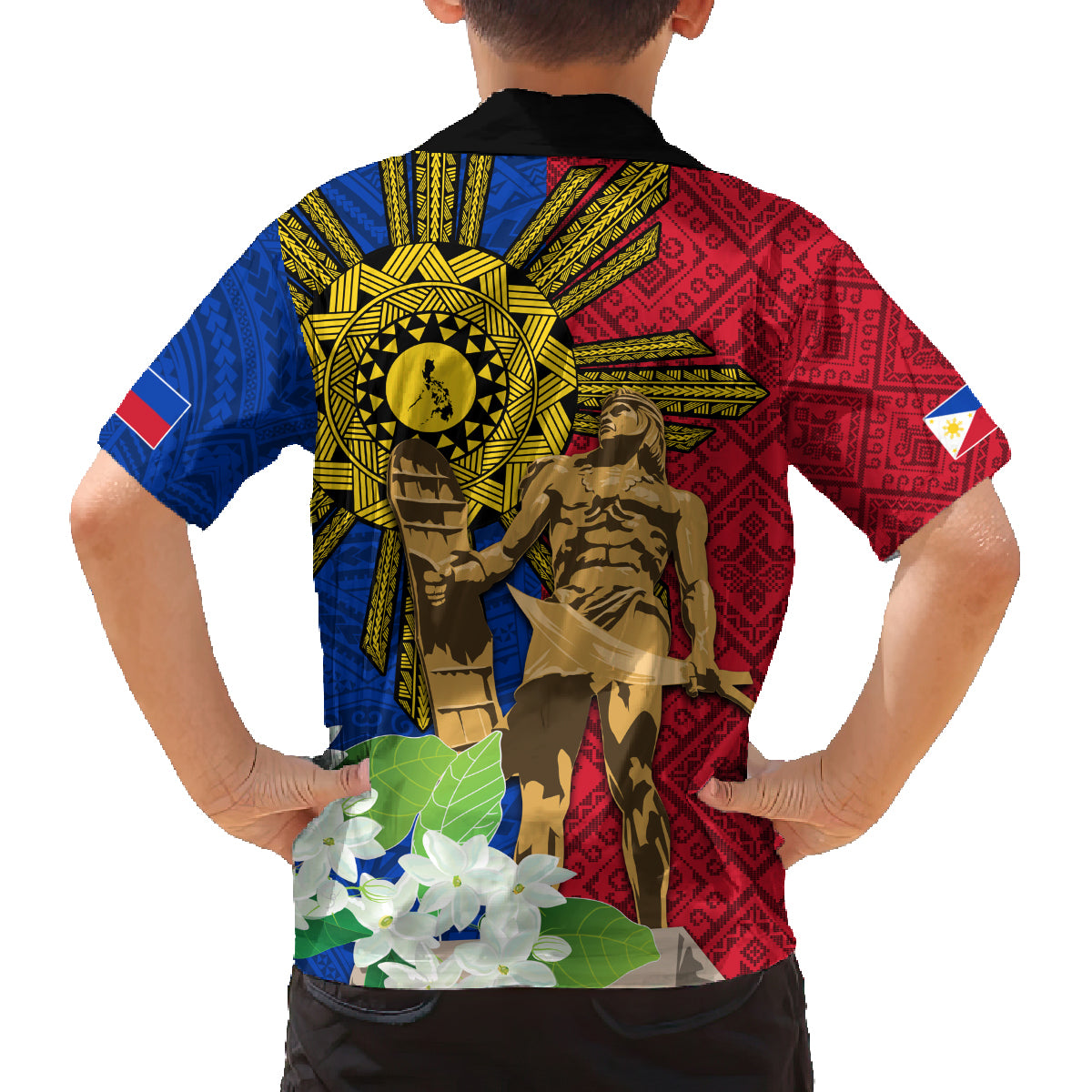 Philippines Lapu Lapu King Jasmine Flowers Family Matching Off Shoulder Short Dress and Hawaiian Shirt Filipino Sun Tattoo LT03 - Polynesian Pride