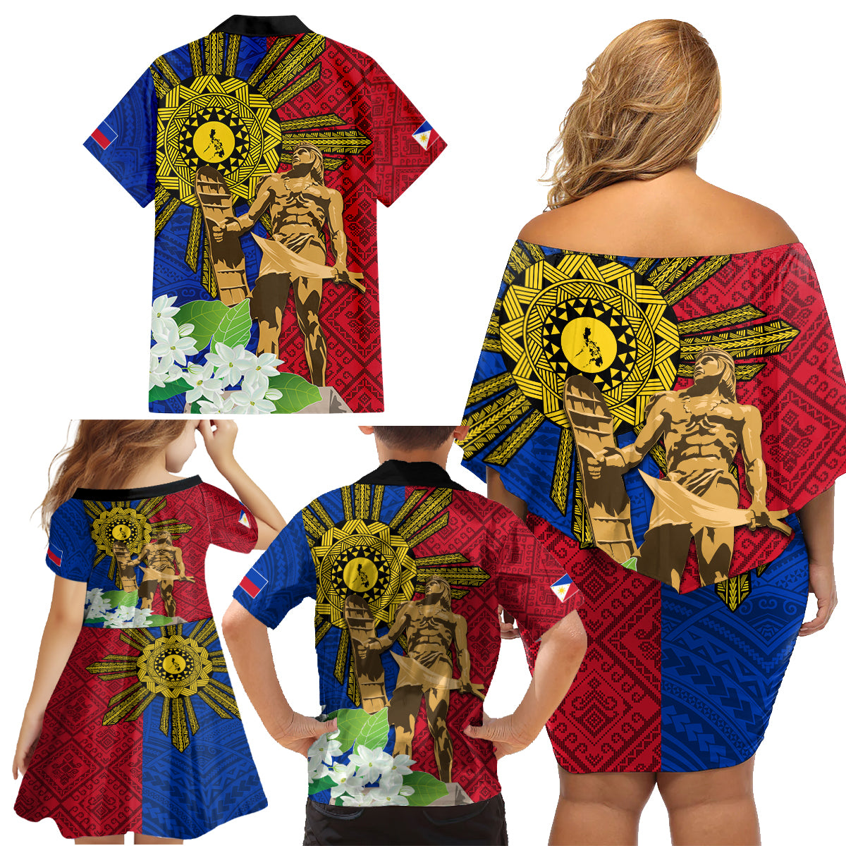 Philippines Lapu Lapu King Jasmine Flowers Family Matching Off Shoulder Short Dress and Hawaiian Shirt Filipino Sun Tattoo LT03 - Polynesian Pride