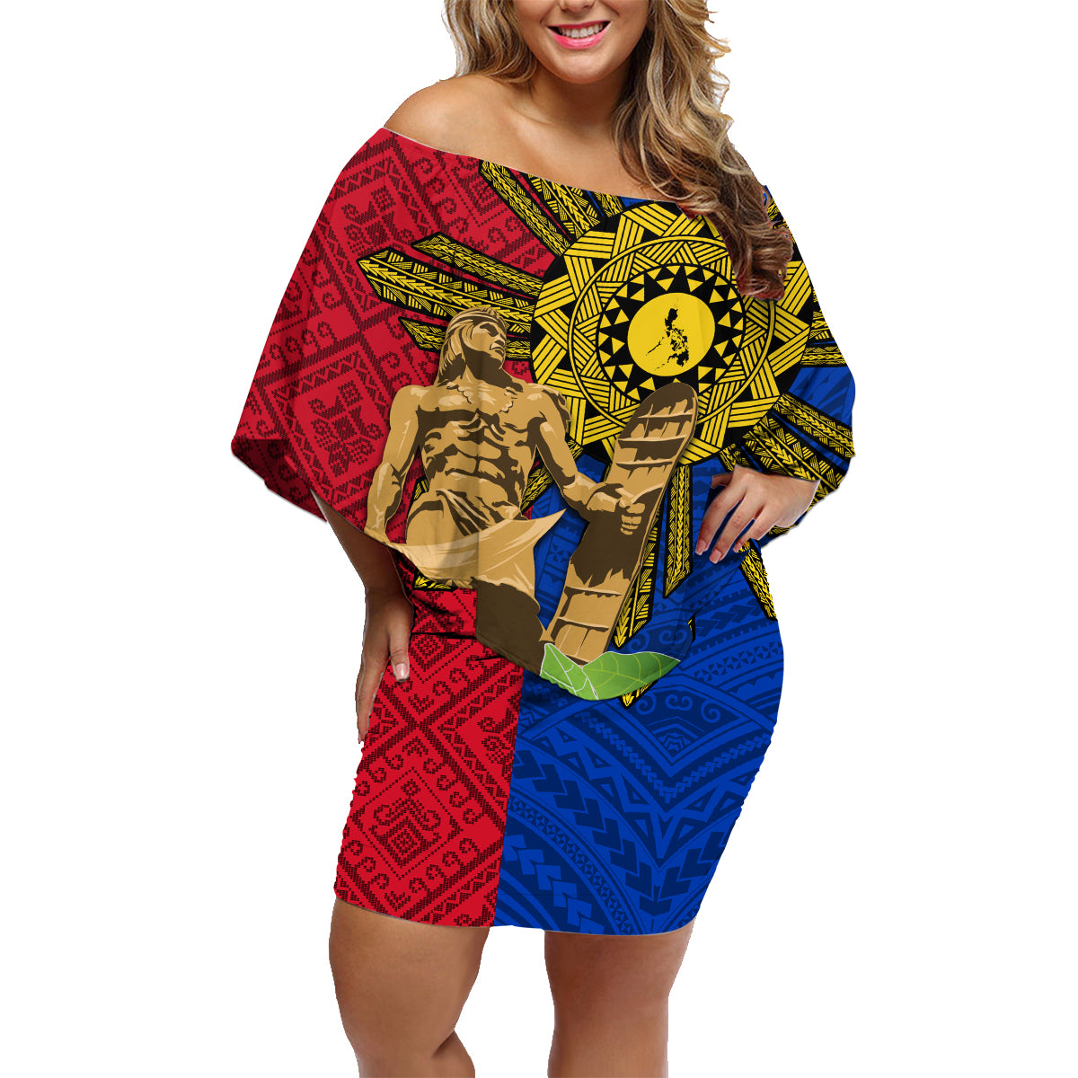 Philippines Lapu Lapu King Jasmine Flowers Family Matching Off Shoulder Short Dress and Hawaiian Shirt Filipino Sun Tattoo LT03 Mom's Dress Red - Polynesian Pride