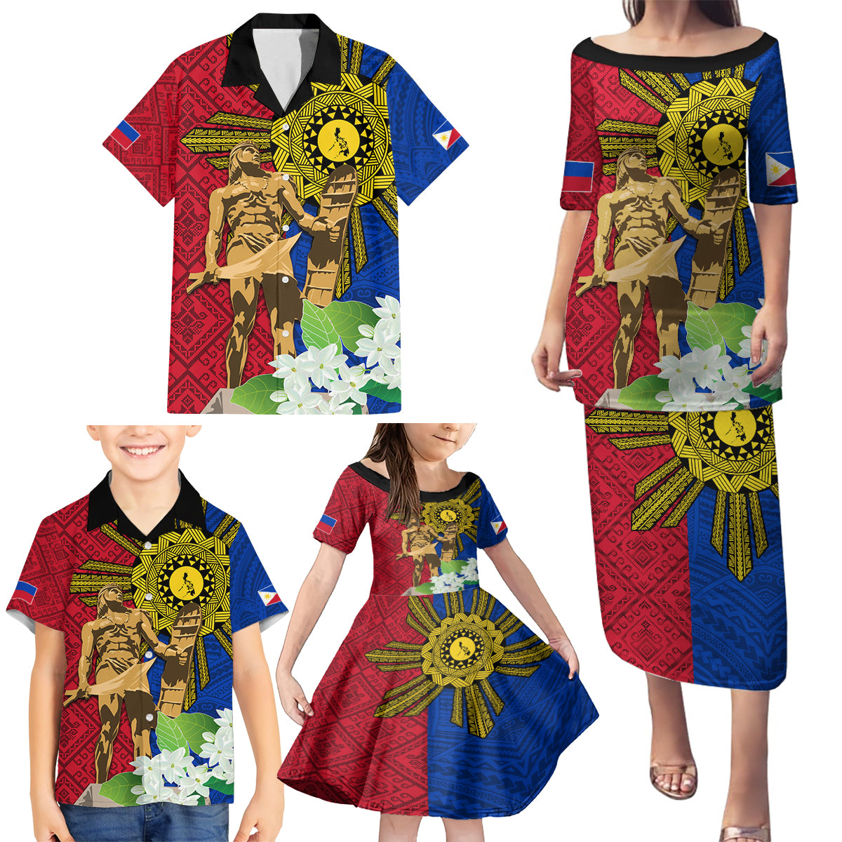 Philippines Lapu Lapu King Jasmine Flowers Family Matching Puletasi and Hawaiian Shirt Filipino Sun Tattoo LT03 - Polynesian Pride