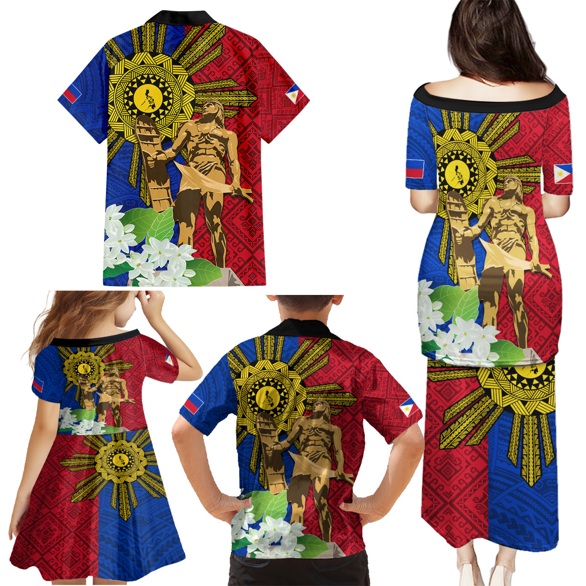 Philippines Lapu Lapu King Jasmine Flowers Family Matching Puletasi and Hawaiian Shirt Filipino Sun Tattoo LT03 - Polynesian Pride
