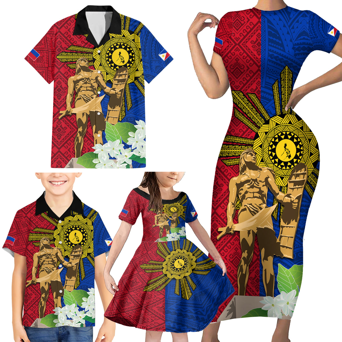 Philippines Lapu Lapu King Jasmine Flowers Family Matching Short Sleeve Bodycon Dress and Hawaiian Shirt Filipino Sun Tattoo LT03 - Polynesian Pride