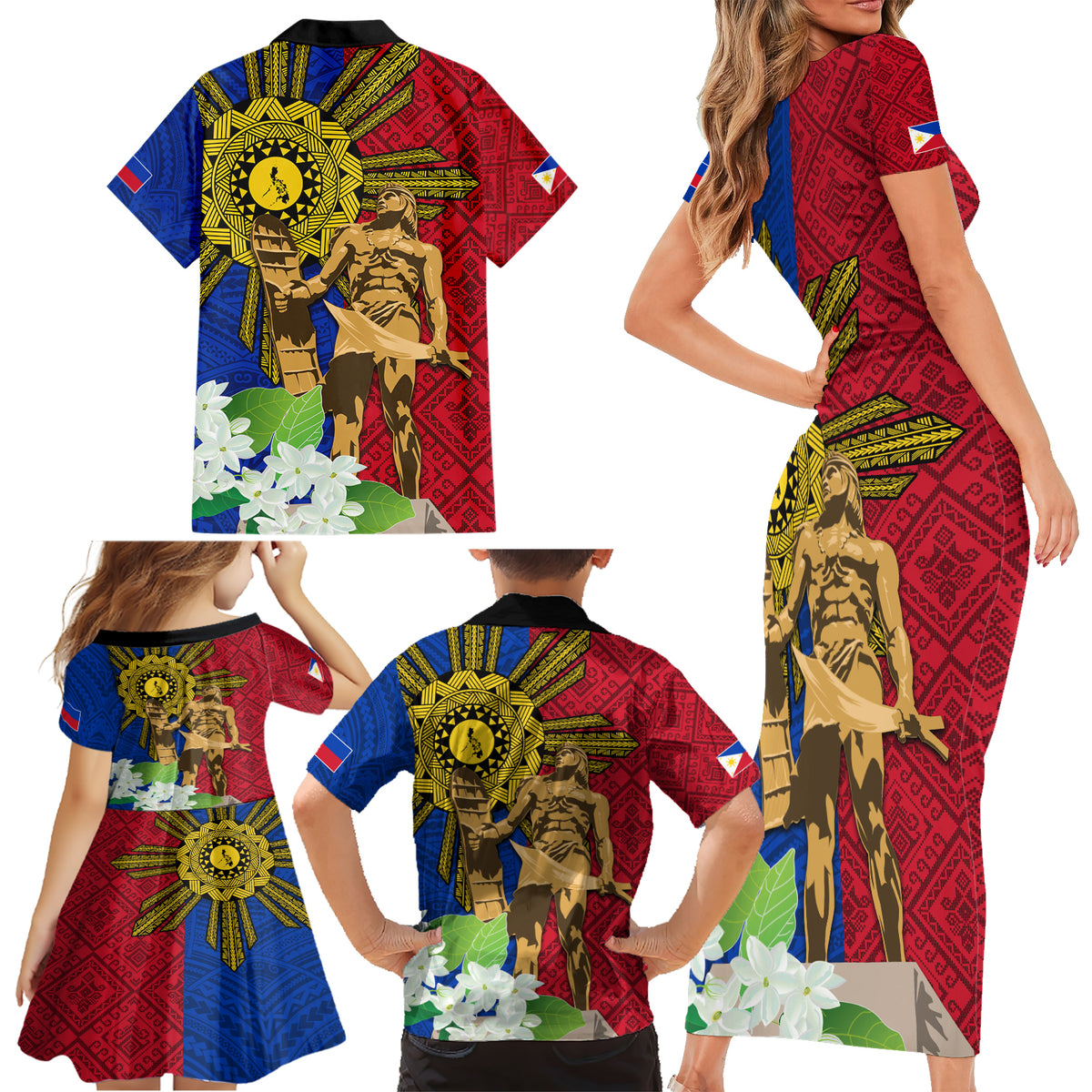 Philippines Lapu Lapu King Jasmine Flowers Family Matching Short Sleeve Bodycon Dress and Hawaiian Shirt Filipino Sun Tattoo LT03 - Polynesian Pride