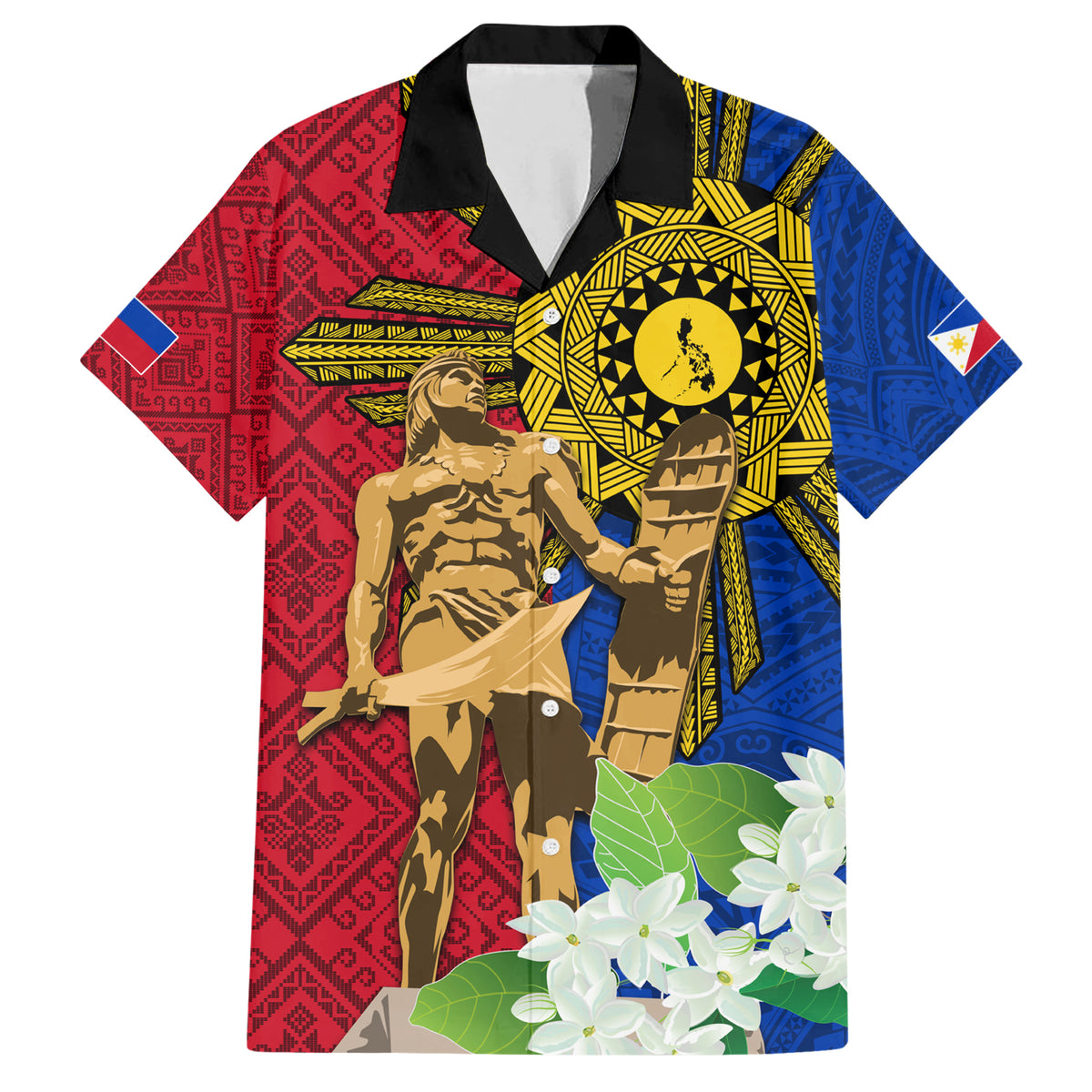 Philippines Lapu Lapu King Jasmine Flowers Family Matching Short Sleeve Bodycon Dress and Hawaiian Shirt Filipino Sun Tattoo LT03 Dad's Shirt - Short Sleeve Red - Polynesian Pride