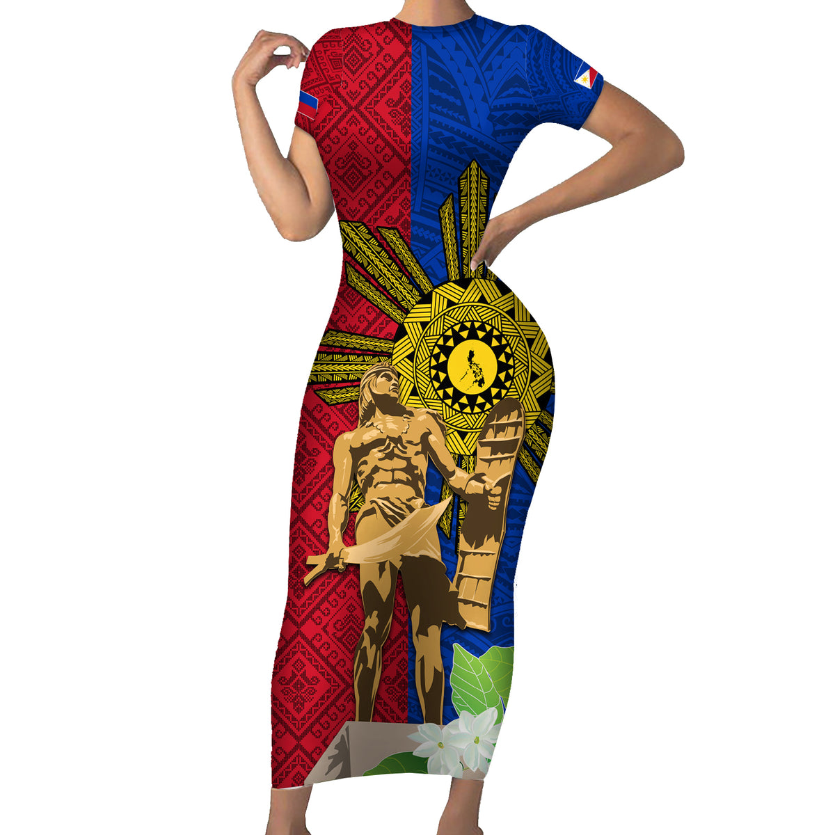 Philippines Lapu Lapu King Jasmine Flowers Family Matching Short Sleeve Bodycon Dress and Hawaiian Shirt Filipino Sun Tattoo LT03 Mom's Dress Red - Polynesian Pride
