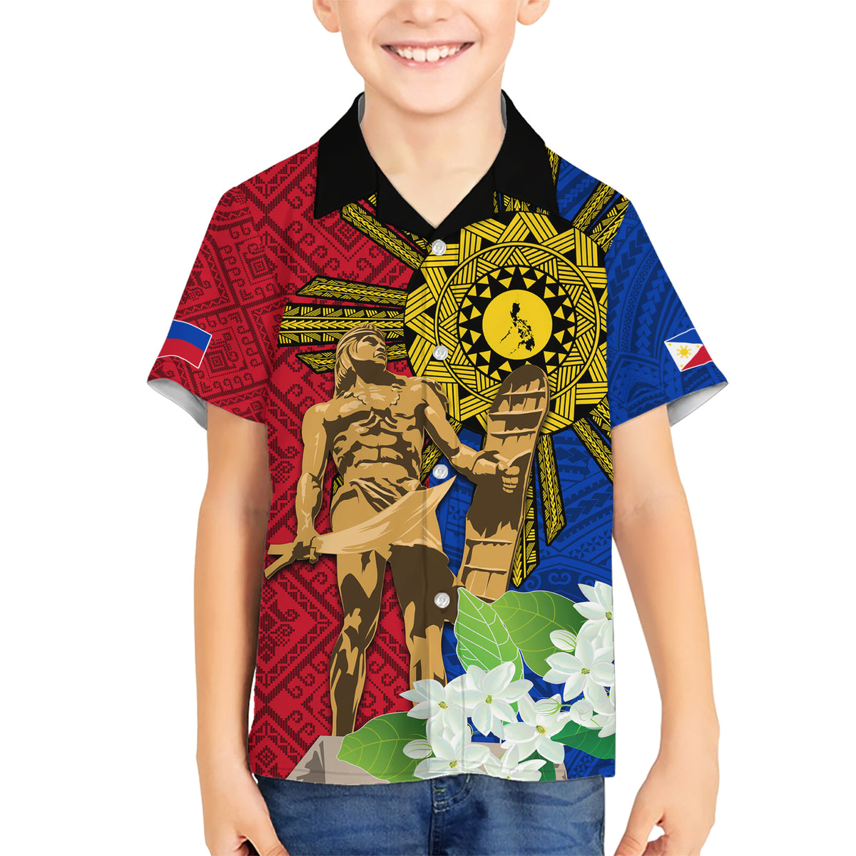 Philippines Lapu Lapu King Jasmine Flowers Family Matching Short Sleeve Bodycon Dress and Hawaiian Shirt Filipino Sun Tattoo LT03 Son's Shirt Red - Polynesian Pride