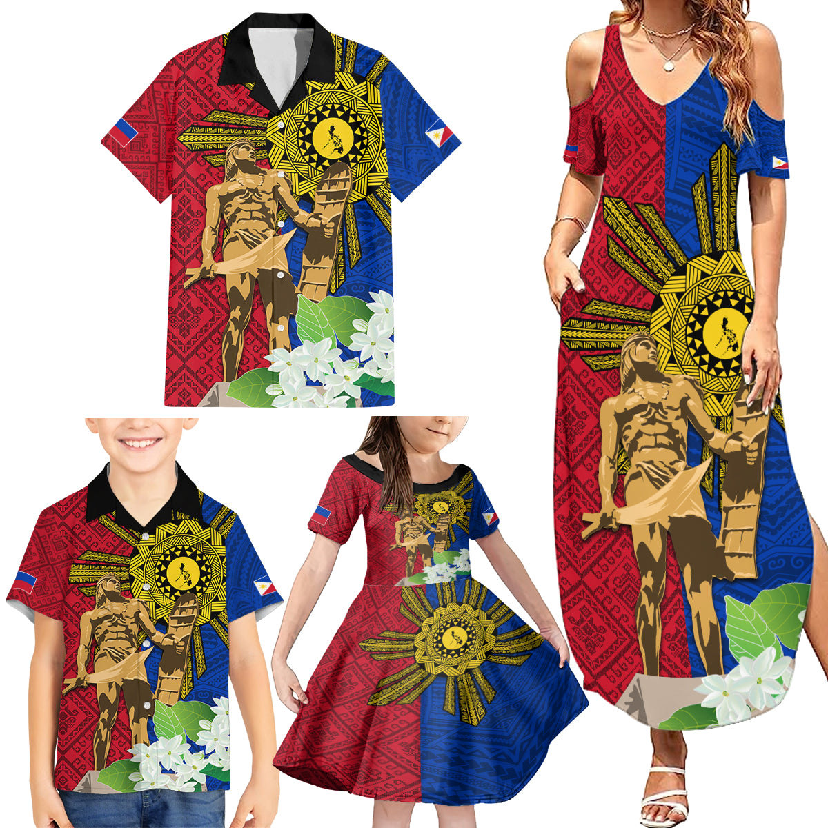 Philippines Lapu Lapu King Jasmine Flowers Family Matching Summer Maxi Dress and Hawaiian Shirt Filipino Sun Tattoo LT03 - Polynesian Pride